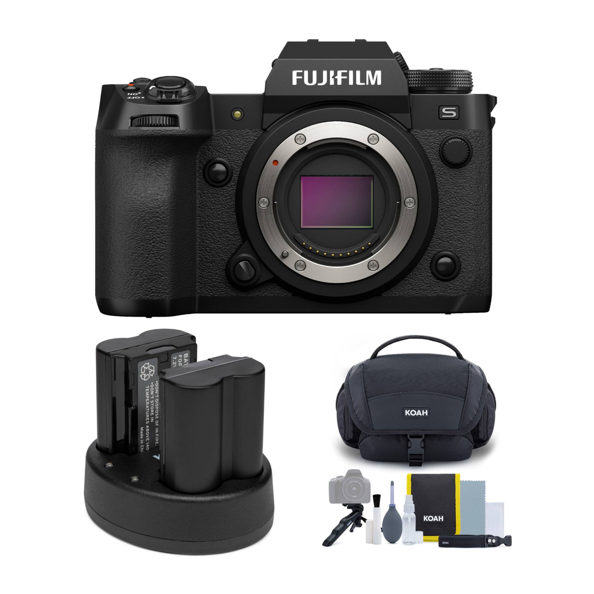 The image features a Fujifilm camera and accessories. The camera is positioned in the top left corner of the image, while the accessories are displayed in the bottom right corner. The accessories include a bag, a charger, and a strap. The bag is located in the middle of the bottom right corner, the charger is on the left side of the bottom right corner, and the strap is on the right side of the bottom right corner. The camera and accessories are arranged to showcase the various components of the Fujifilm camera system.