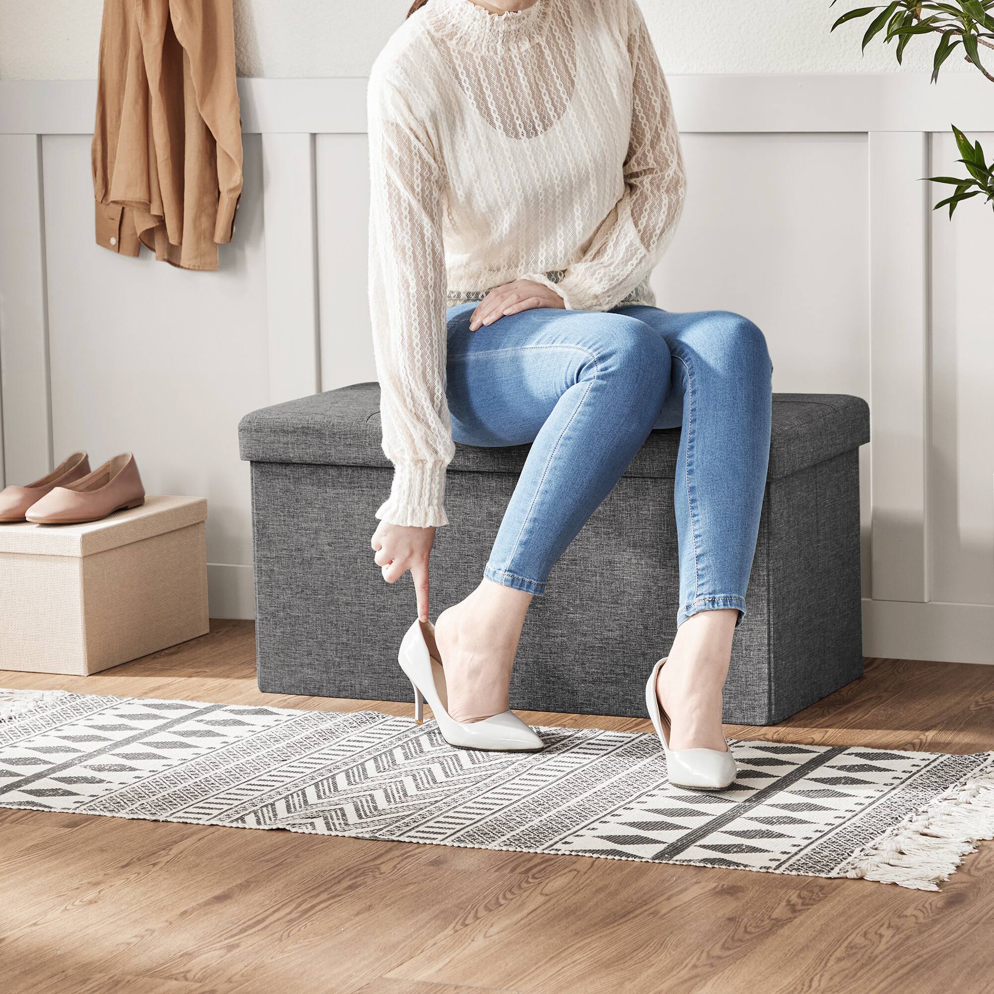 Left. Songmics Home - 21.1-Gal Storage Ottoman Bench, Folding Storage Chest, Footstool with Flip-Up Lid, Padded Seat,Up to 660 lb - Dark Gray.