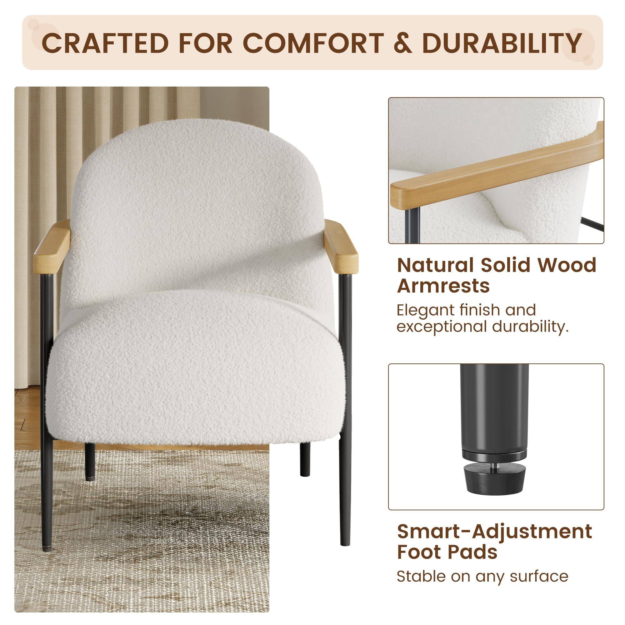 CRAFTED FOR COMFORT & DURABILITY

Natural Solid Wood Armrests  
Elegant finish and exceptional durability.

Smart-Adjustment Foot Pads  
Stable on any surface
