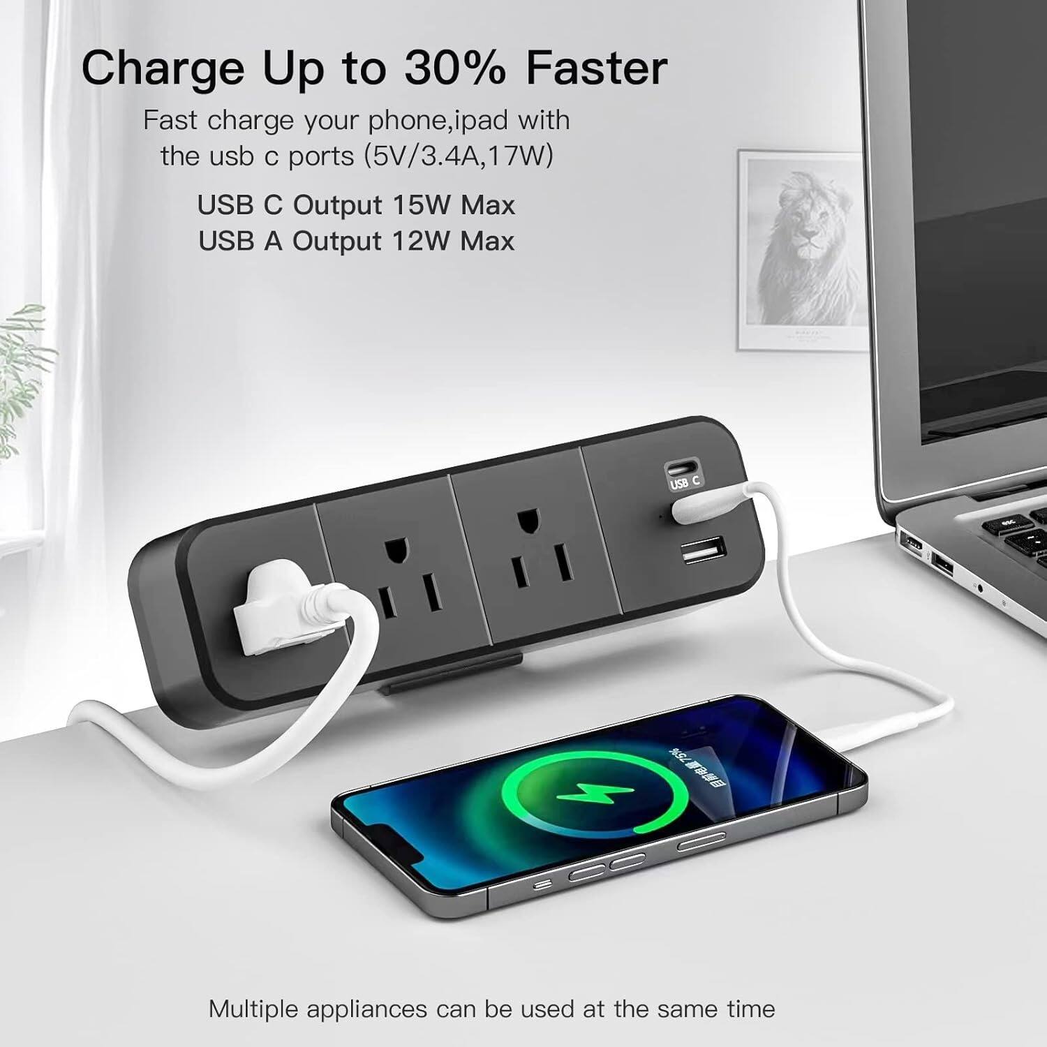 Charge Up to 30% Faster

Fast charge your phone, iPad with the USB C ports (5V/3.4A, 17W)

USB C Output 15W Max  
USB A Output 12W Max

Multiple appliances can be used at the same time