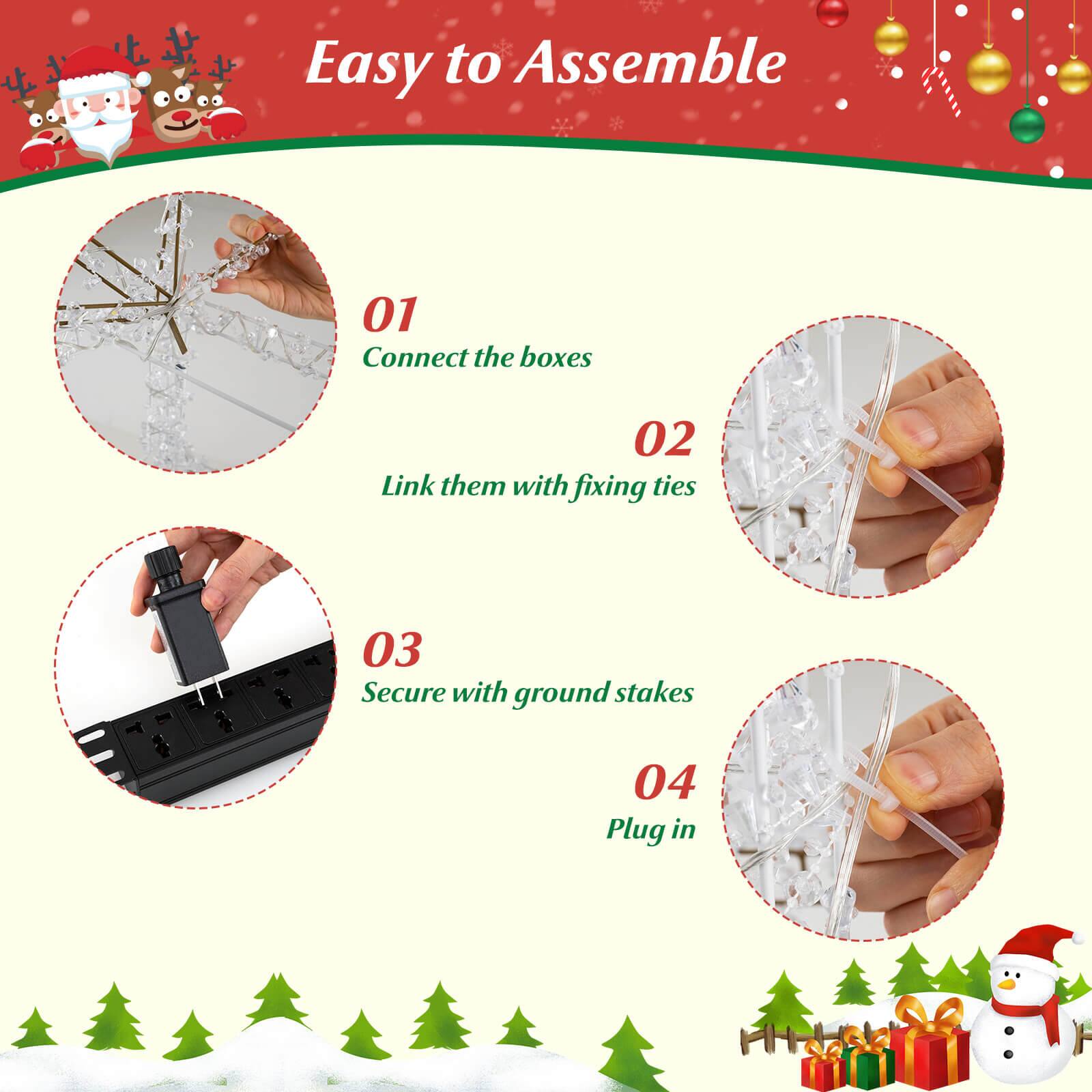 Easy to Assemble

01 Connect the boxes  
Link them with fixing ties

02 Link them with fixing ties

03 Secure with ground stakes

04 Plug in