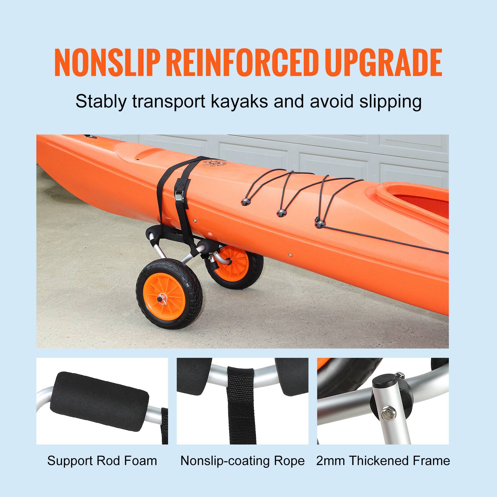 Nonslip Reinforced Upgrade  
Stably transport kayaks and avoid slipping  

Support Rod Foam  
Nonslip-coating Rope  
2mm Thickened Frame
