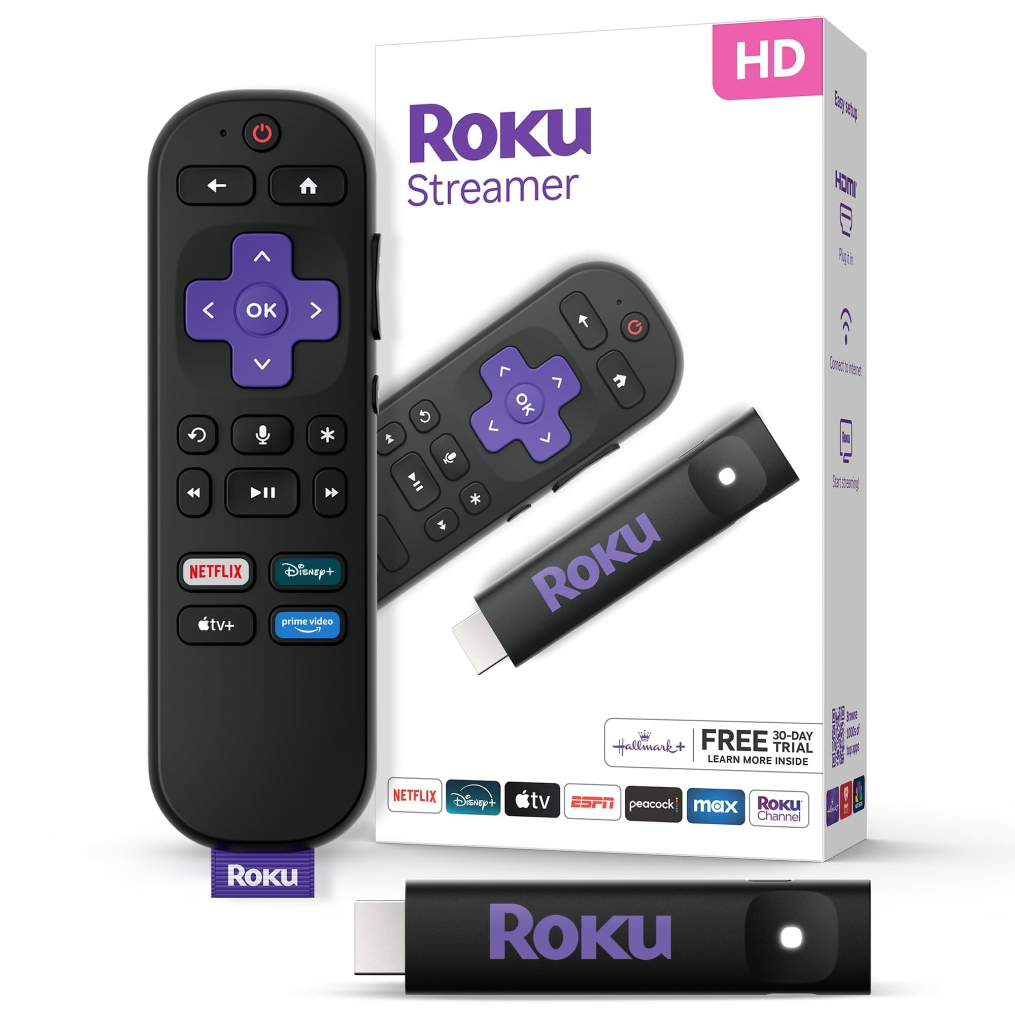 ROku Streamer HD 1  
H Rgta OK  
G >II NETFLIX Disney+ tv+ prime video 3  
6 I < 7 C OK < > Roku Startemg 2 FREE 30-DAY Hallmark+ TRIAL LEARN MORE INSIDE 3  
NETFLIX Disney+ tv ESPN peacock max Roku Channel Roku Roku