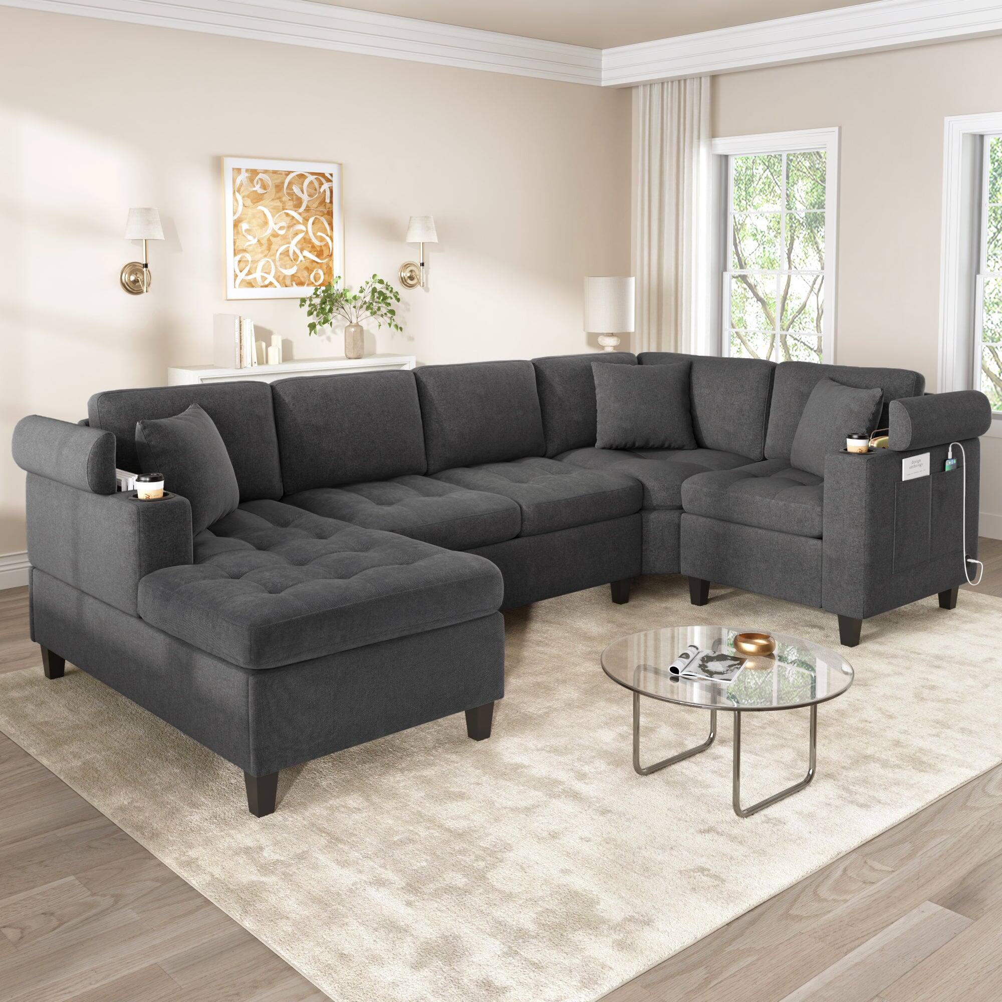 Alt View 3. Boyel Living - Modern U-shaped Sectional Sofa 115.7 inch with Built-in Cup Holders Storage Space and USB Ports in Gray - Gray.