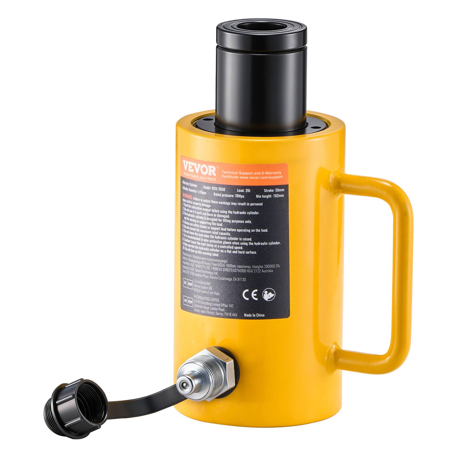 VEVOR N 100L Certificate Technical Support and E-Warranty

Load: 20T
Stroke: 50mm
Rated pressure: 70Mpa
Main height: 182mm

This hydraulic cylinder is designed for personal use only. It is not intended for industrial purposes. Please read the instructions carefully before use.

Made in China

CE

Model: RBC 250/50

VEVOR
2317 Aurora St
Pacoima, CA 91331