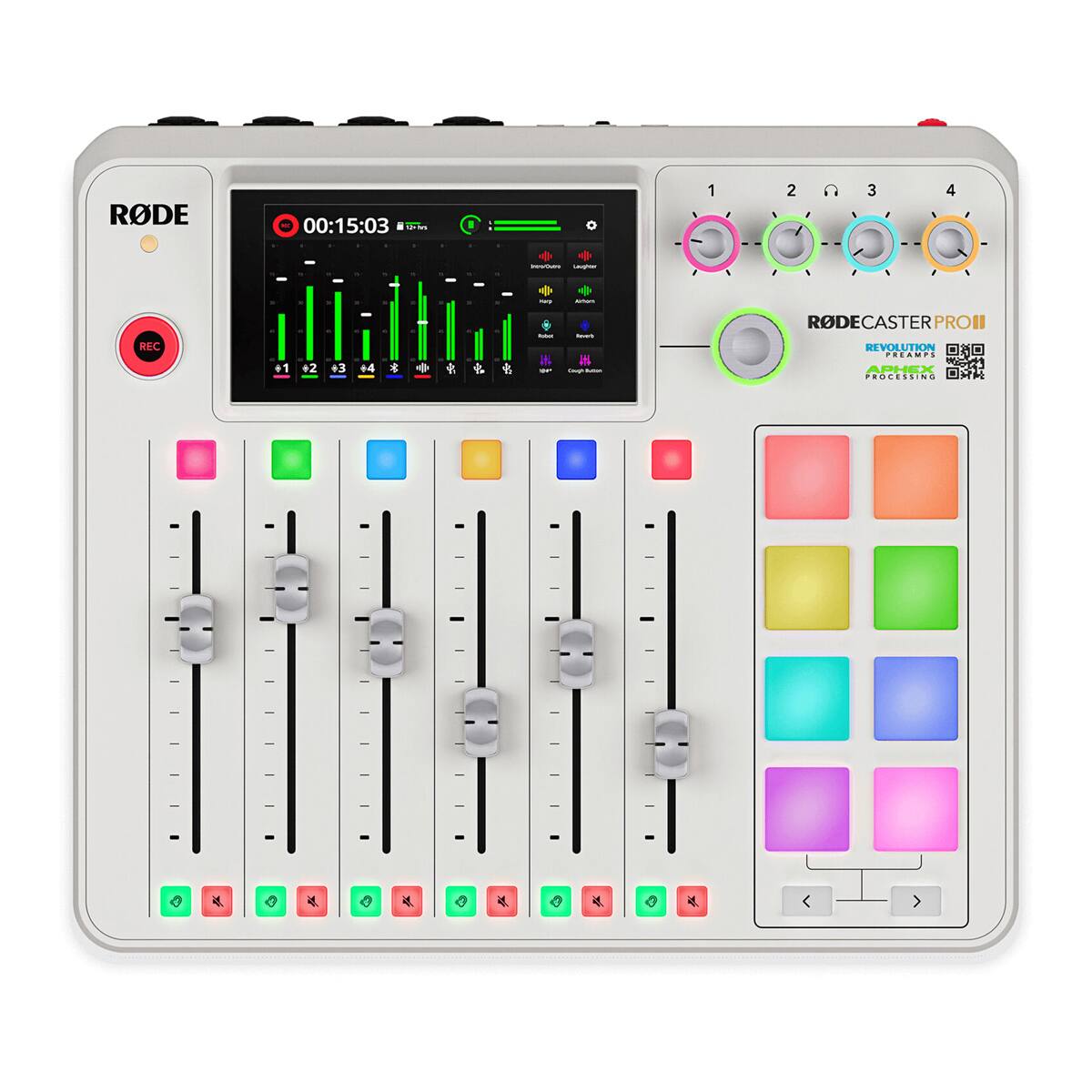 RODE  
00:15:03  
B - 1 a I 2 , 1 C I I 3 4 - I - REC 1 +2 e3 - +4 - + & f : is - - i - -  
RODE CASTER PRO II  
REVOLUTION  
APHEX PROCESSING