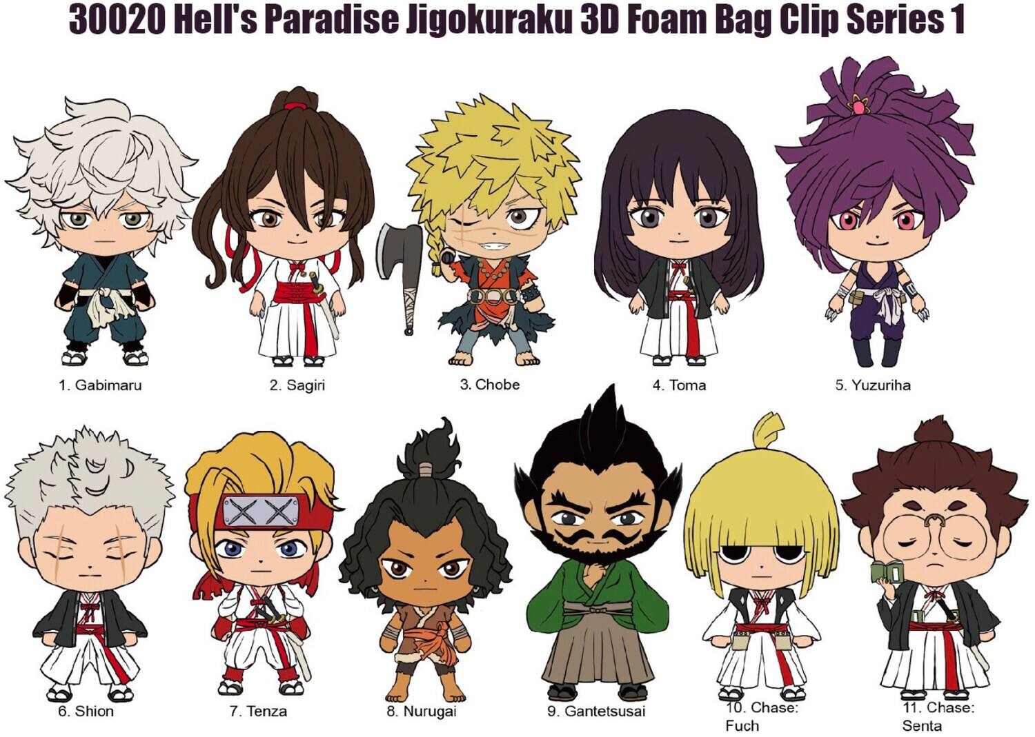 30020 Hell's Paradise Jigokuraku 3D Foam Bag Clip Series 1

1. Gabimaru  
2. Sagiri  
3. Chobe  
4. Toma  
5. Yuzuriha  
6. Shion  
7. Tenza  
8. Nurugai  
9. Gantetsusai  
10. Chase: Fuch  
11. Chase: Senta