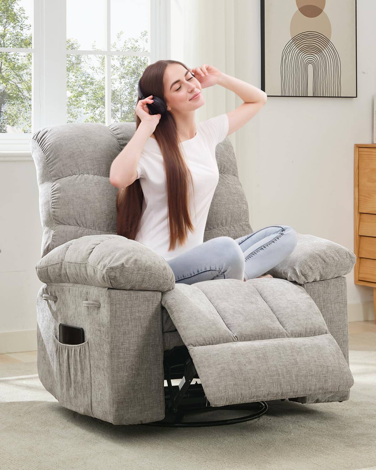 Alt View 1. Jojoka - 35.4" Wide Manual Recliner Chair, Chenille Upholstery Swivel Nursery Rocking Chair - Grey.