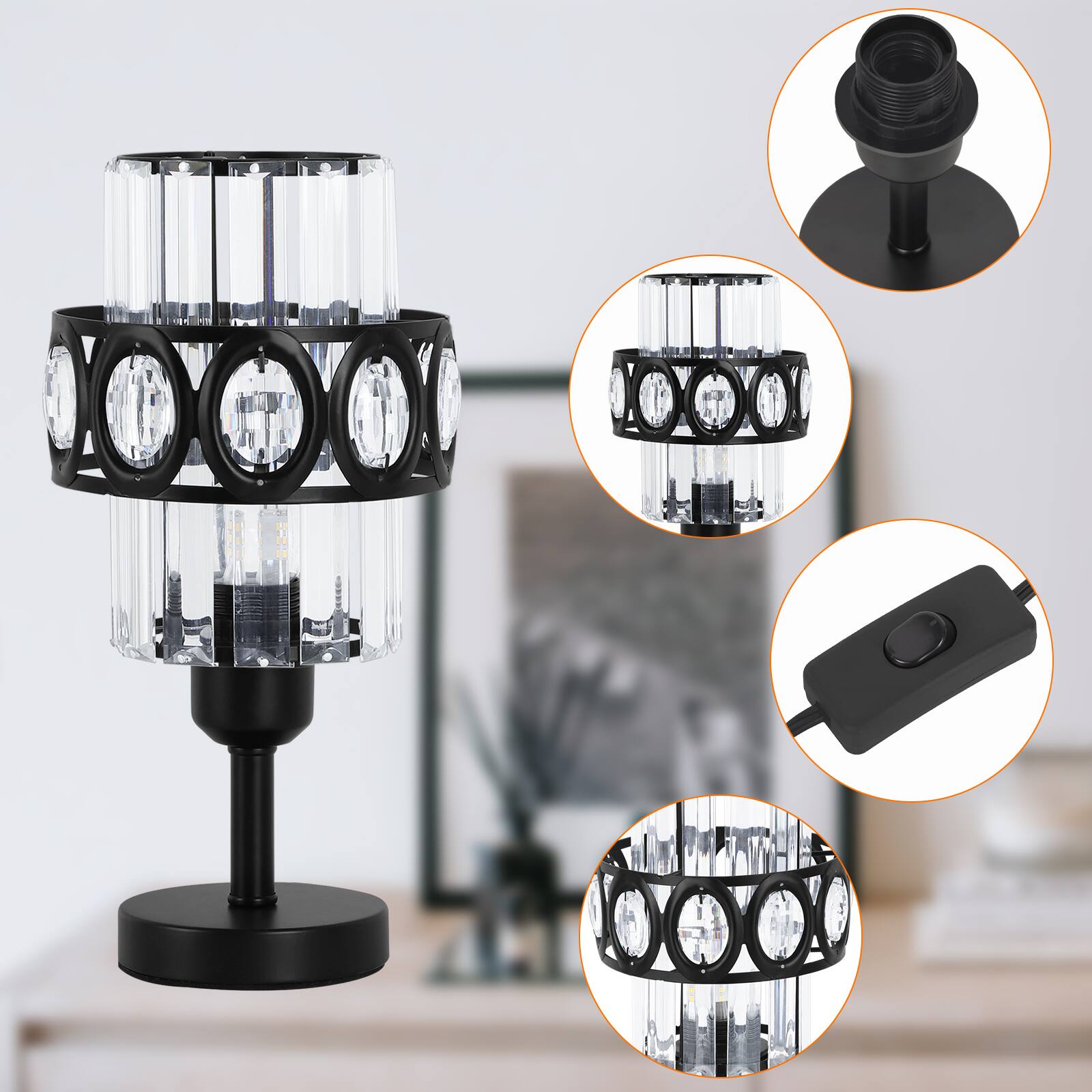 Left. Oumilen - Set of 2 Modern Crystal Table Lamps, 11in Tall, Black Metal Base, E26 Socket, Bulbs Not Included.
