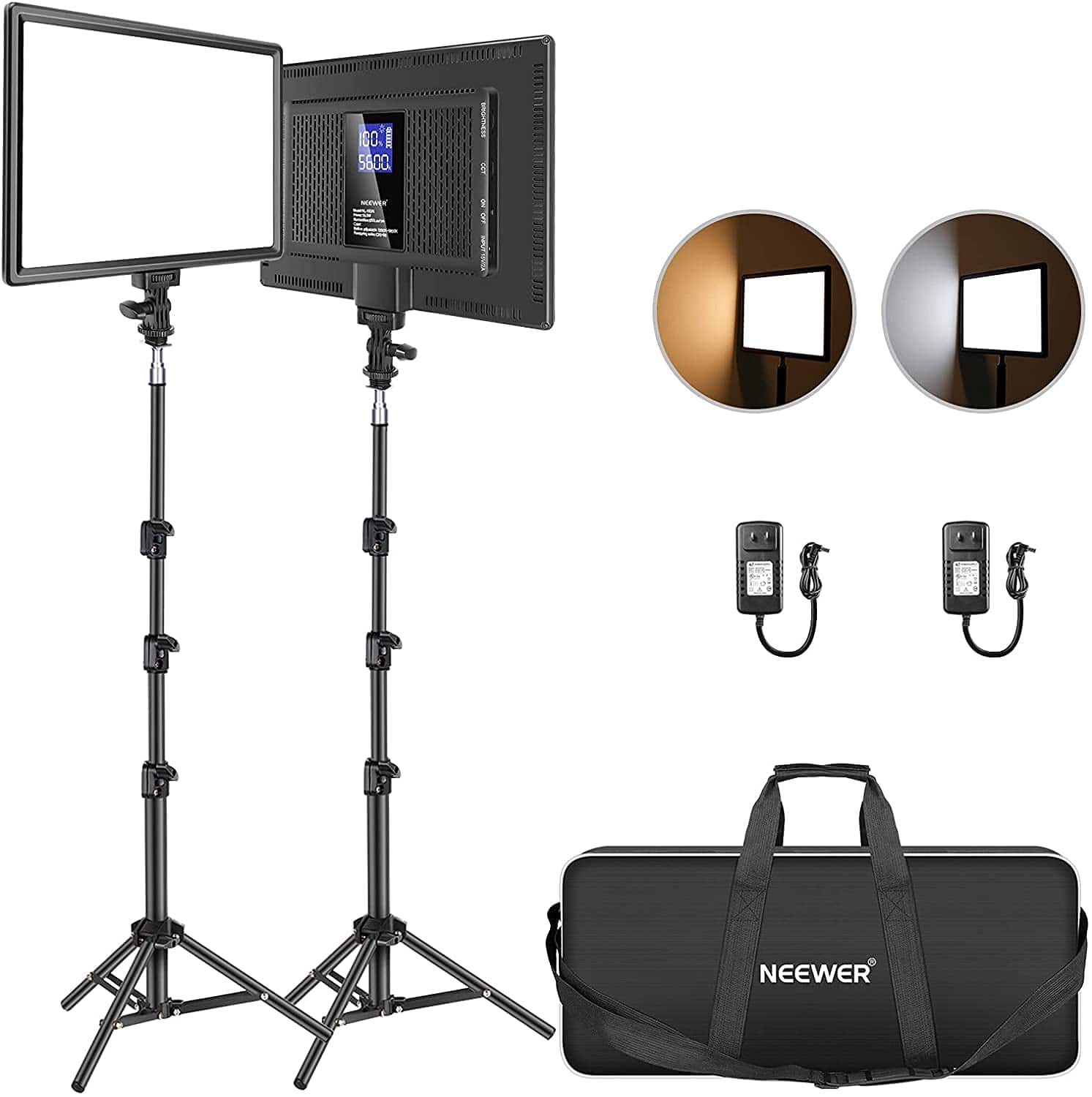 Neewer - 13" LED Video Light Kit (2-Pack) - Dimmable Bi-Color Panels with Tripods & Battery for Studio - Black