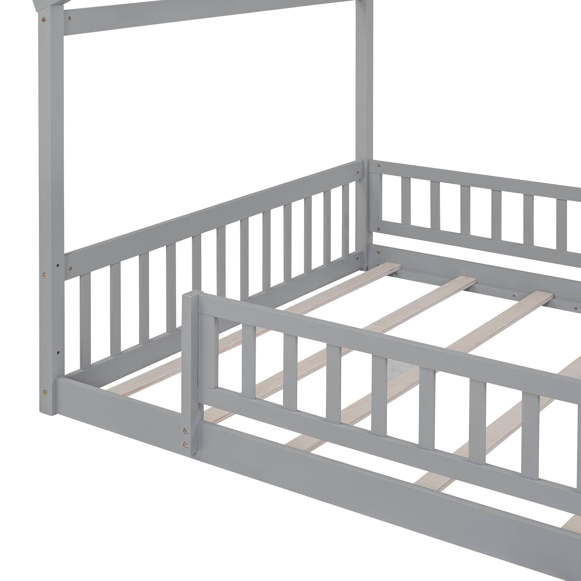 Alt View 5. Whisen - Full Size House Bed Frame with Fence, Solid Pine Wood Cabin-Style Platform Bed for Kids & Teens - Gray.
