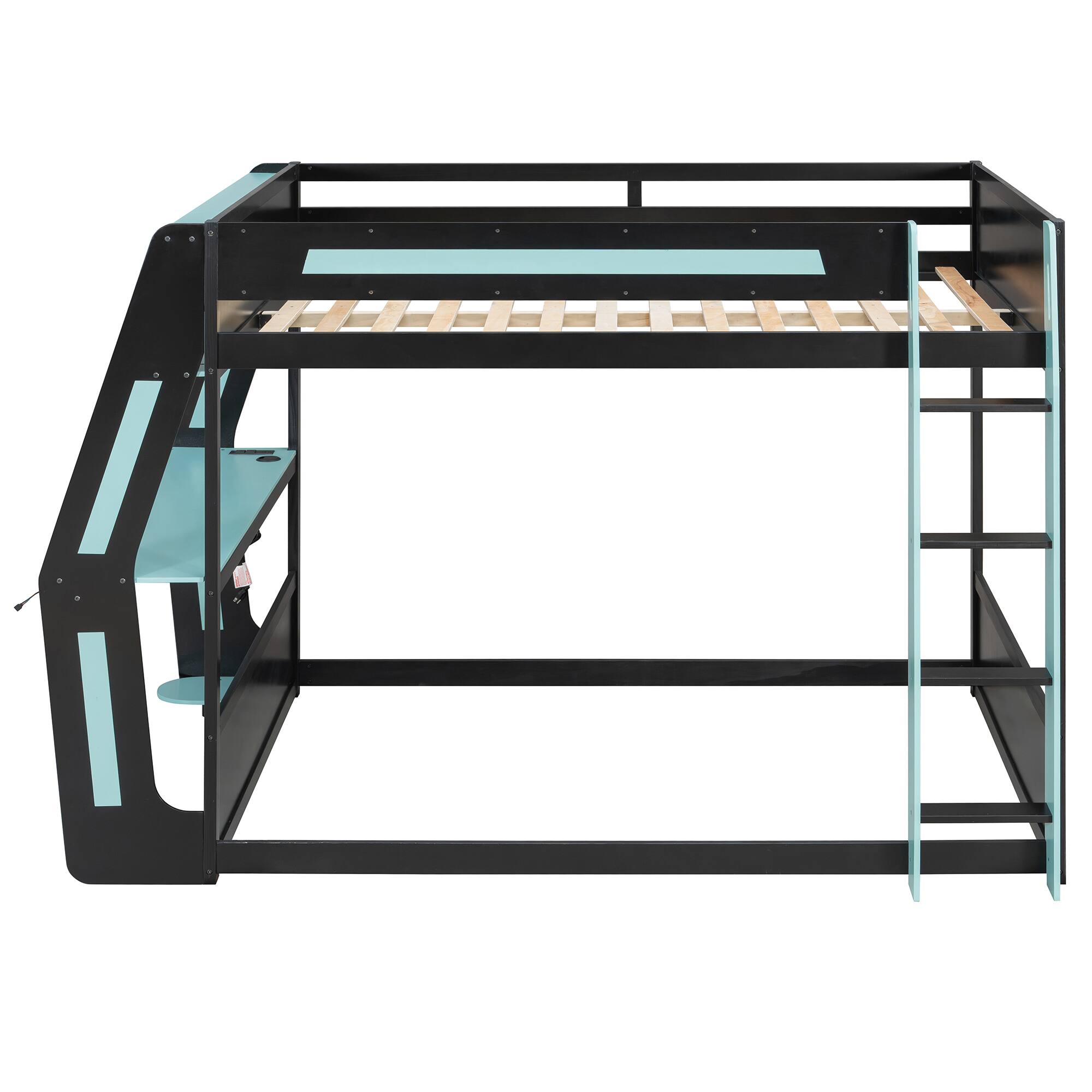 Left. Whisen - Full Size Gaming Bunk Bed with RGB Desk,USB Ports and Cable Management - Blue.