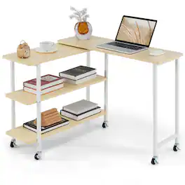 Costway - 360° Rotatable Sofa Side Table L-shaped Laptop Desk Snack Table withShelf Patented - Natural