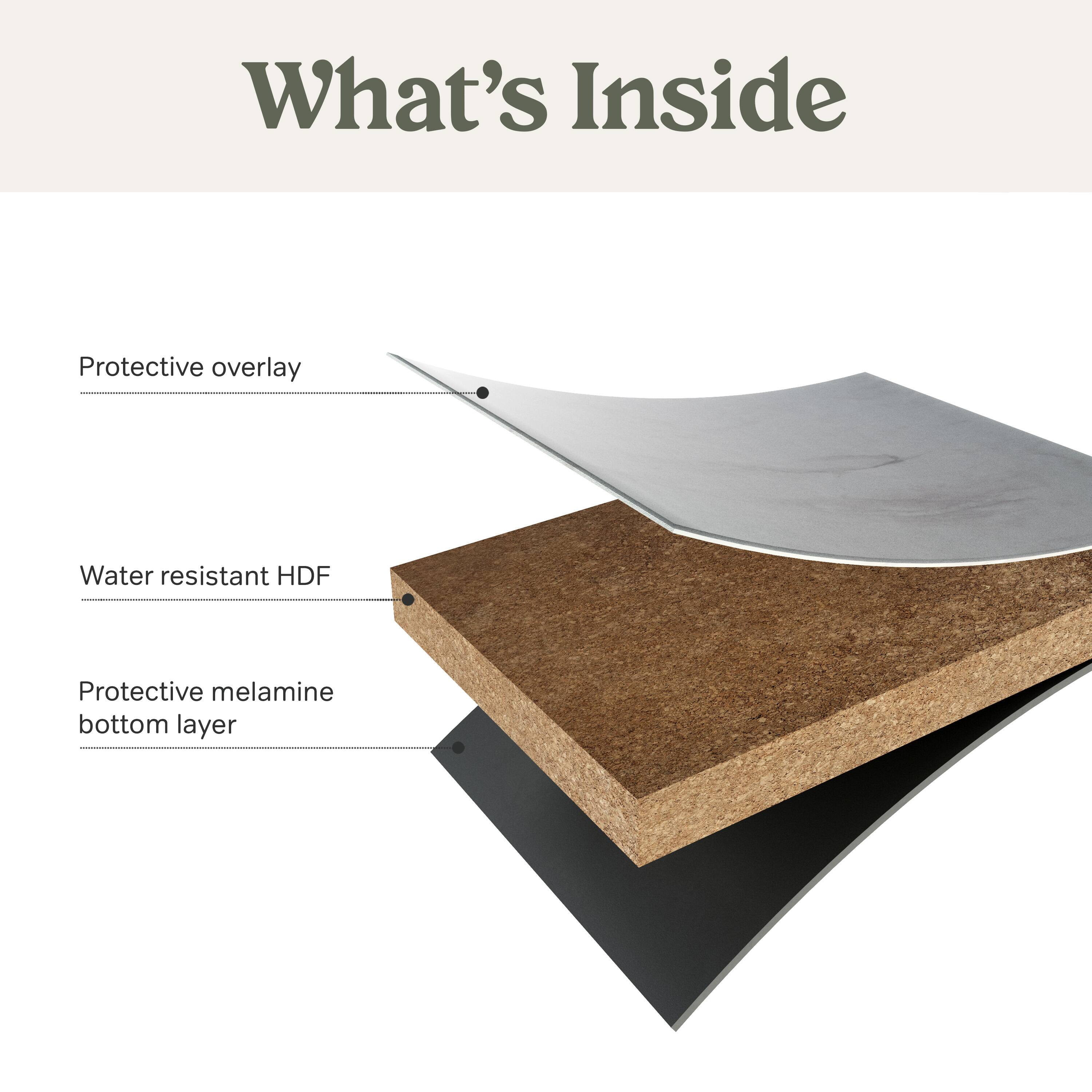 What's Inside

- Protective overlay
- Water resistant HDF
- Protective melamine bottom layer