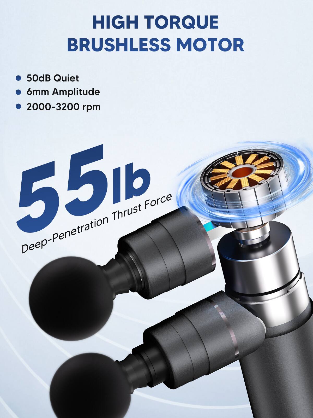 HIGH TORQUE BRUSHLESS MOTOR  
- 50dB Quiet  
- 6mm Amplitude  
- 2000-3200 rpm  
- 55lb Deep-Penetration Thrust Force