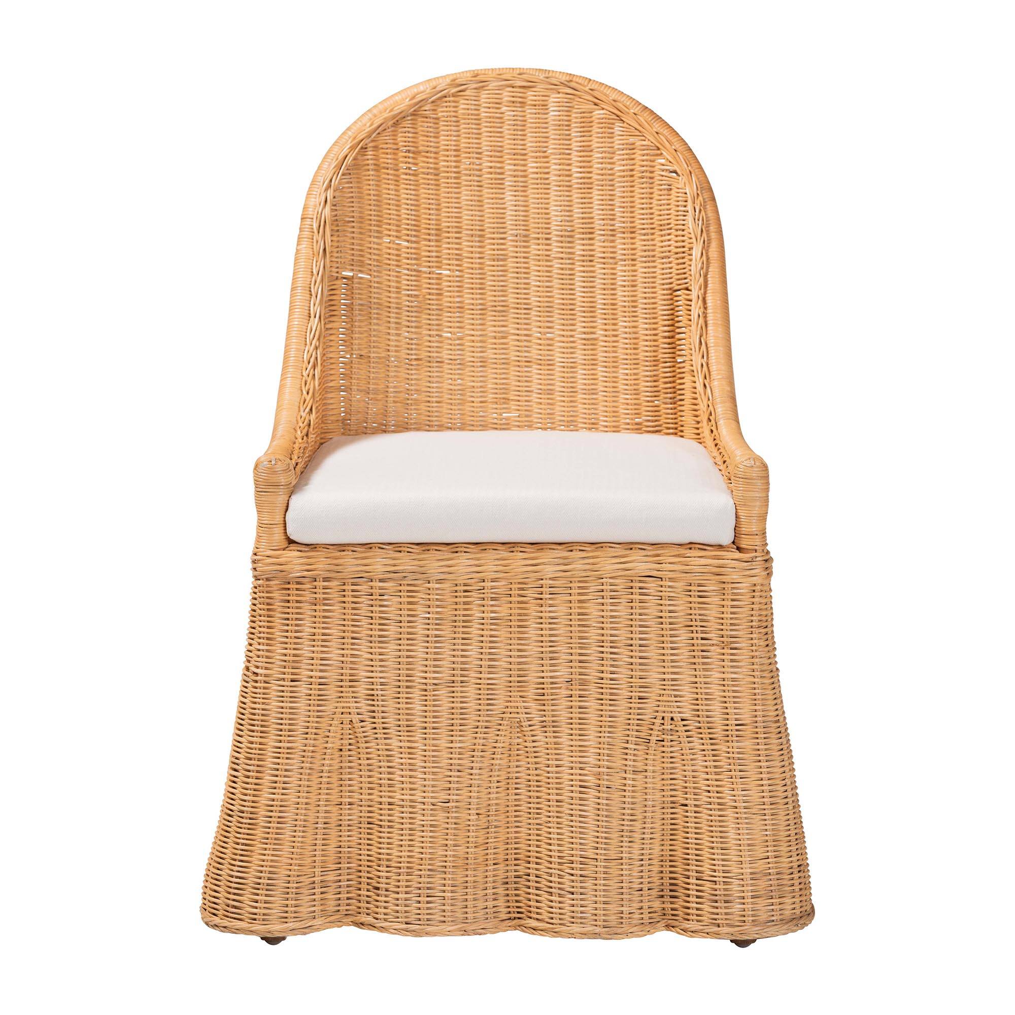 Angle. bali & pari - Maya Natural Rattan Accent Chair - Hand Woven Wicker Dining Chair with Scalloped Skirt and Cushion - Light Honey.