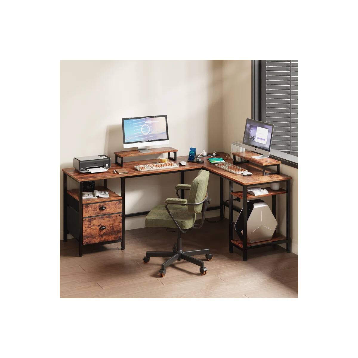 Alt View 1. Furnulem - 66 Inch LShaped Computer Desk with Dual Monitor Stands Power Outlet Cabinet  Drawers Metal Base Gaming Writing Desk - Brown.