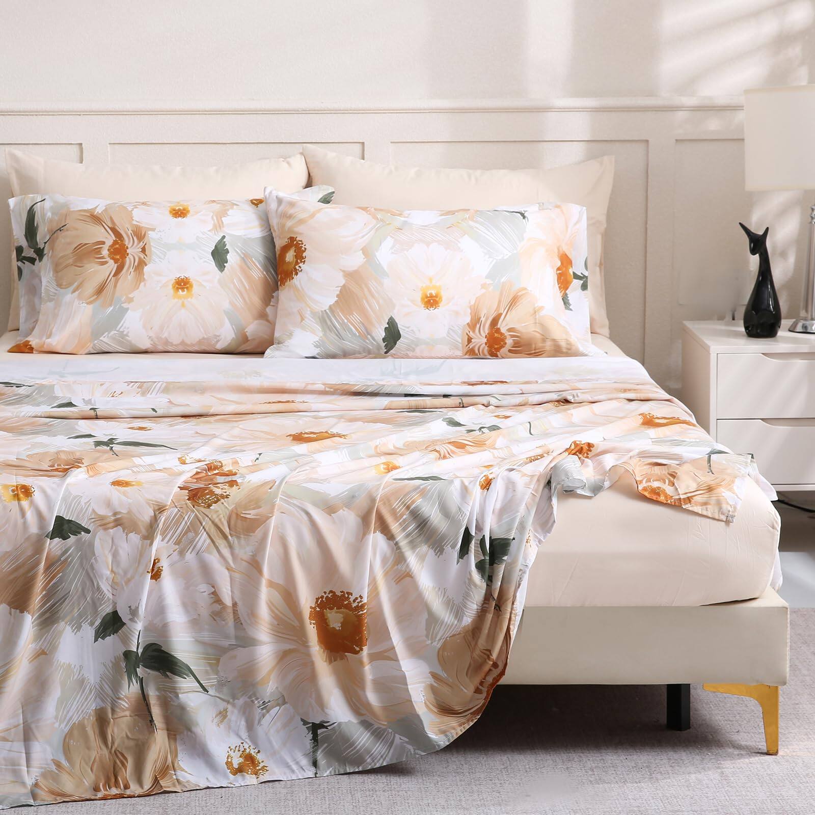 Dapper Styles - Botanical California Bed Sheet Set Deep Pocket Navy Fitted Comfy Breathable Patterned Flat Sheets Microfibe - Golden Serenity-California King