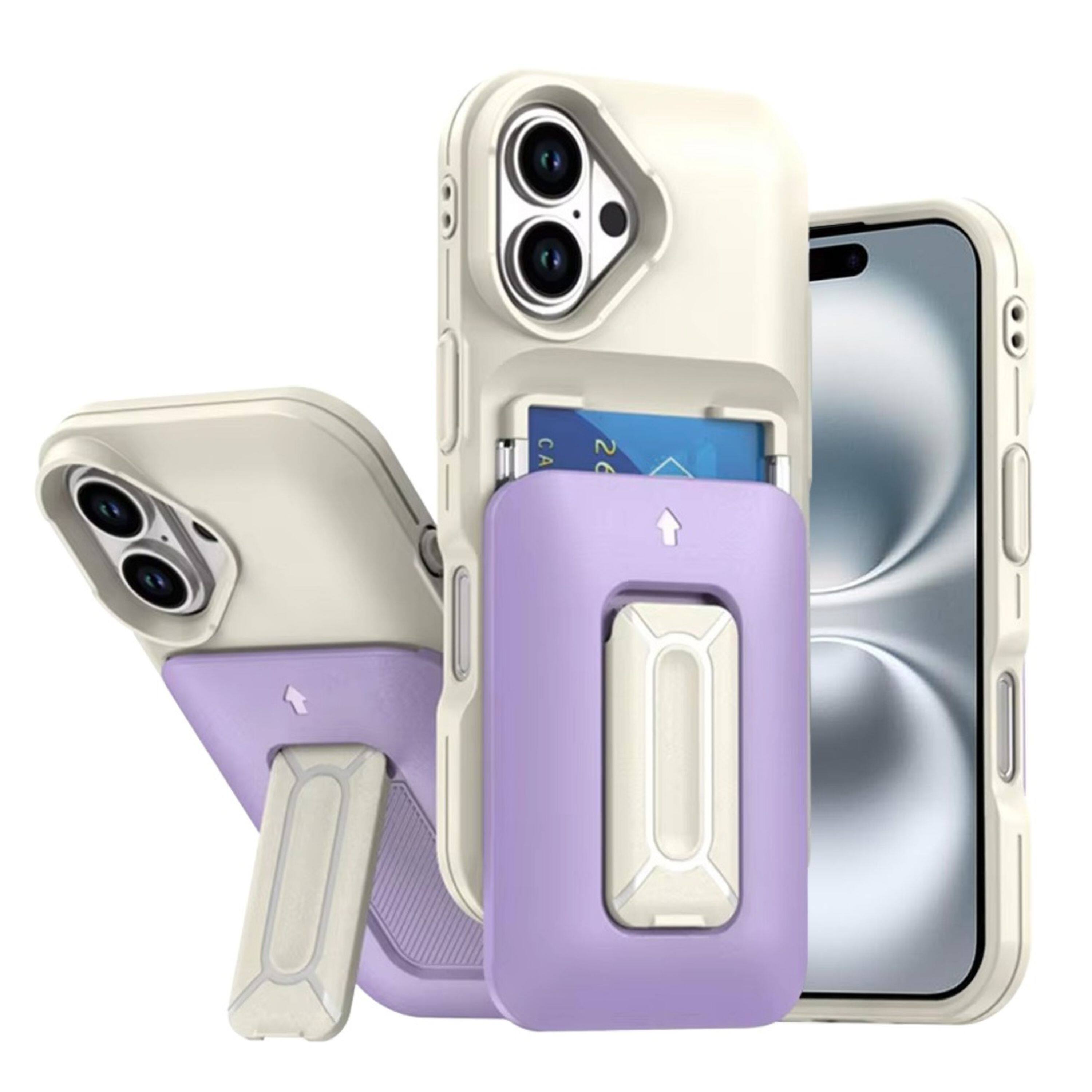 Kitcheniva - Matte Finish Phone Case With Card Holder Kickstand Strap Tempered Glass For iPhone 16 - Beige Light Purple price history on PriceWatchPro