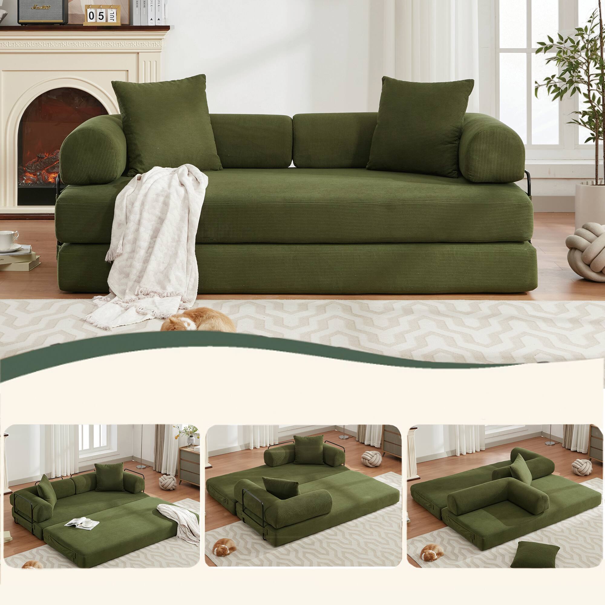 Angle. Trinkets Crazed - Folding Convertible Out Sleeper Sofa Bed, 4-in-1 DIY Combination Convertible Sofa, Folding Sleeper Sofa - Antique Green.