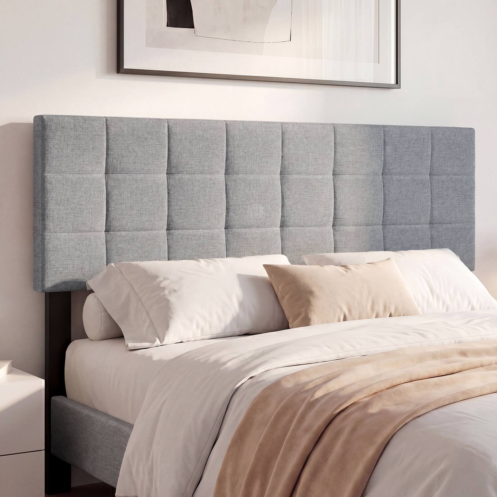 Alt View 1. Gymax - Gymax Upholstered Headboard Queen/Full Size Quilted Grid Linen Fabric Bed Frame Gray - Gray.