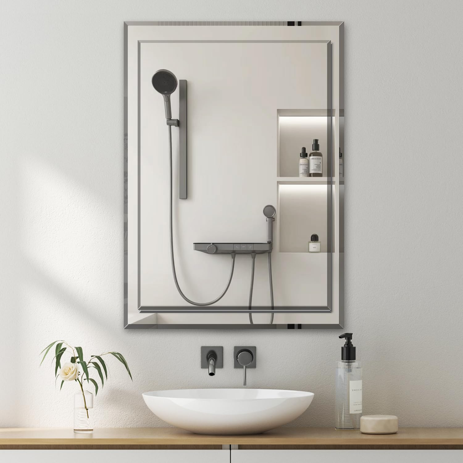 Front. VEGA AUTOMOTIVE - Inch Frameless Double Layered Mirror With Polished Beveled Edge Hd Walll Vanity Ideal For Bathroom Living R - Double Layered 32"L x 22"W.