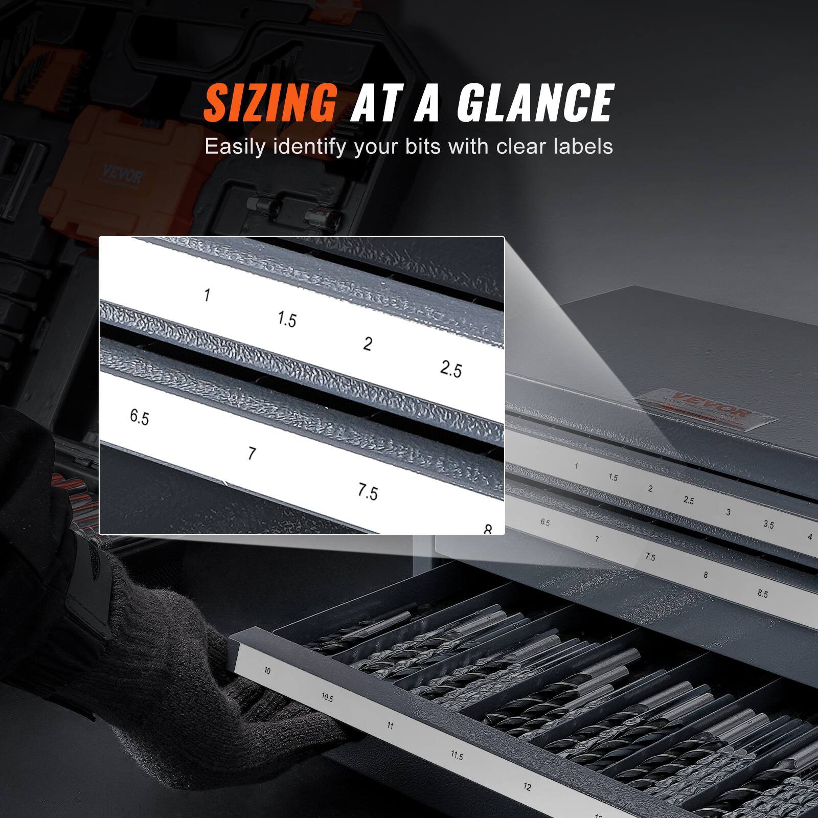 SIZING AT A GLANCE  
Easily identify your bits with clear labels  

1 1.5 2 2.5 3 3.5 4 5 6.5 7 7.5 8 8.5 10 10.5 11 11.5 12