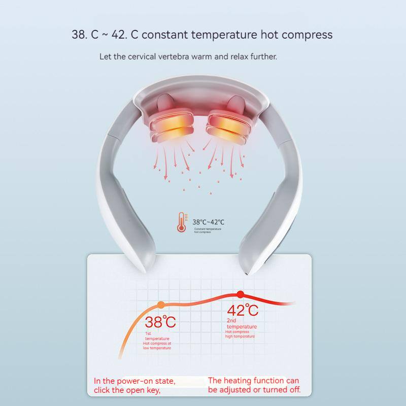 38. C ~ 42. C constant temperature hot compress  
Let the cervical vertebra warm and relax further.  

38°C - 42°C  
38°C: 1st temperature hot compress at low temperature  
42°C: 2nd temperature hot compress at high temperature  

In the power-on state, click the open key.  
The heating function can be adjusted or turned off.