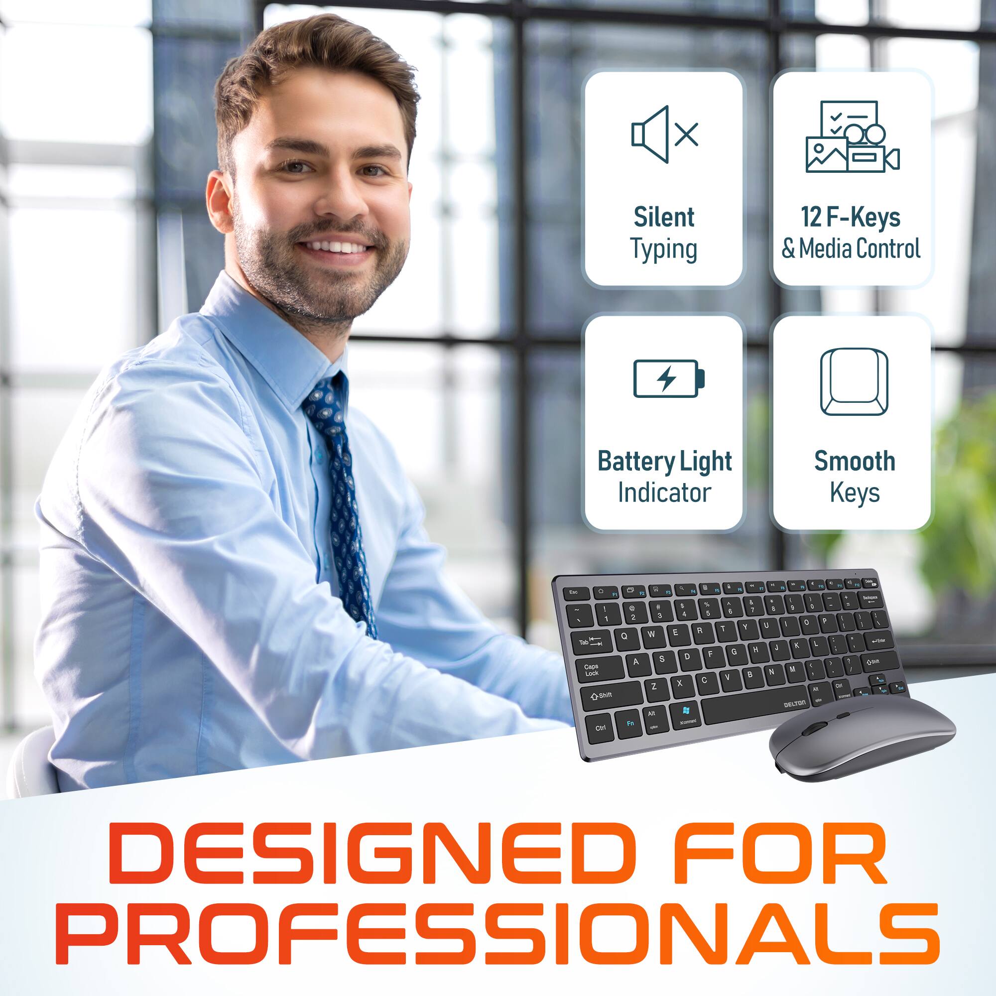 Silent Typing, 12 F-Keys & Media Control, Battery Light Indicator, Smooth Keys, DESIGNED FOR PROFESSIONALS