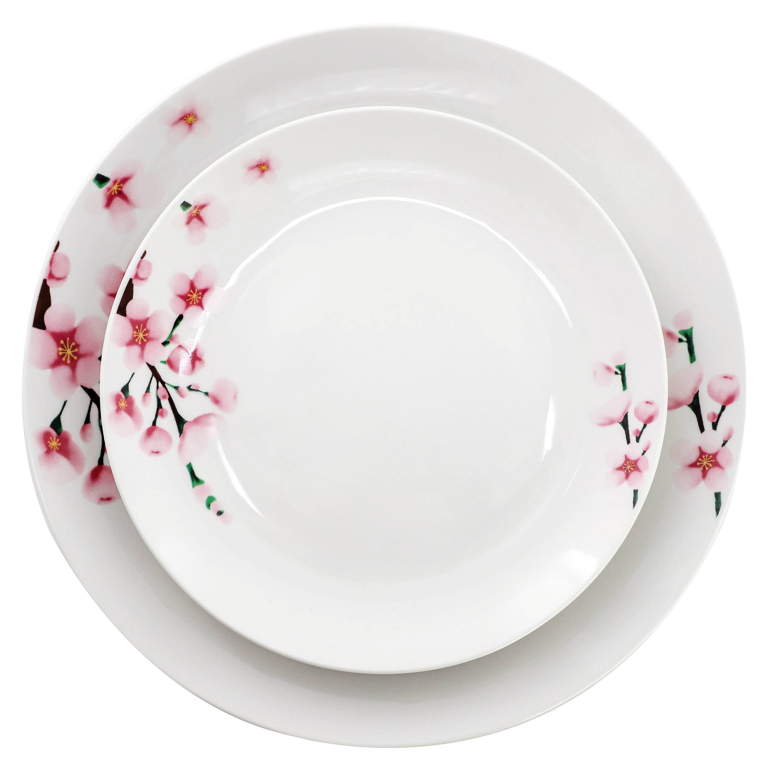 Left. Elama - Elama Tamara 12 Piece Cherry Blossom Porcelain Dinnerware Set, Service for 4 in White and Pink - White and Pink.