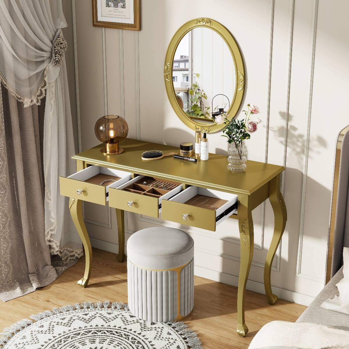 Angle. Loheer - Loheer Gold Makeup Vanity Desk with Oval Mirror and Three Drawers - Gold.