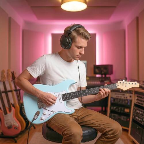 Angle. Winado - 39 Inch Solid Body 6 String KST Electric Guitar with 20W Amp S-S Pickup for Beginner with Portable Bag - Blue.