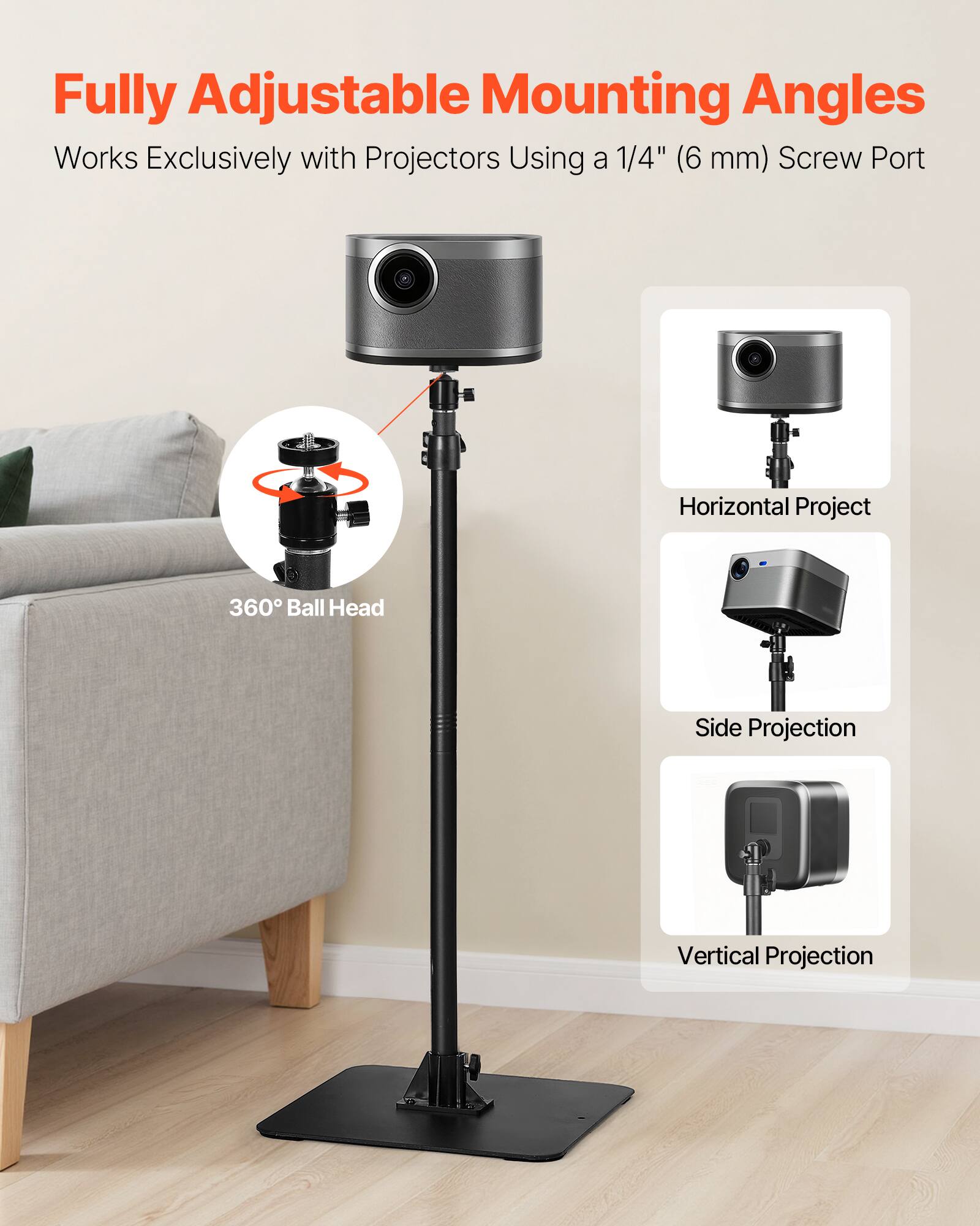 Fully Adjustable Mounting Angles  
Works Exclusively with Projectors Using a 1/4" (6 mm) Screw Port  

- Horizontal Project  
- Side Projection  
- Vertical Projection  

360° Ball Head