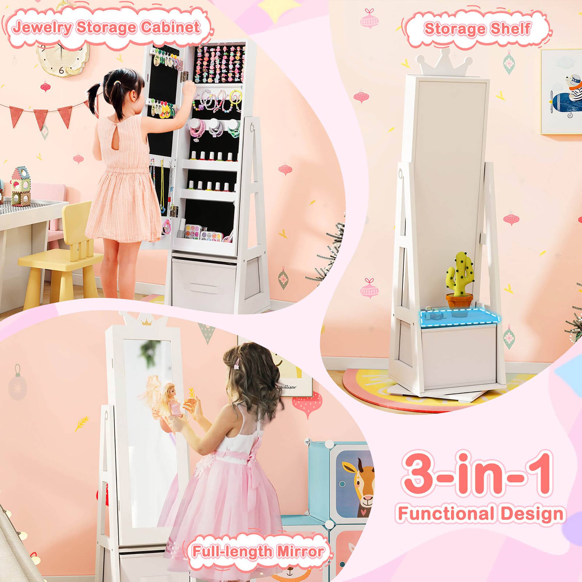 Jewelry Storage Cabinet  
Storage Shelf  
Full-length Mirror  

3-in-1 Functional Design