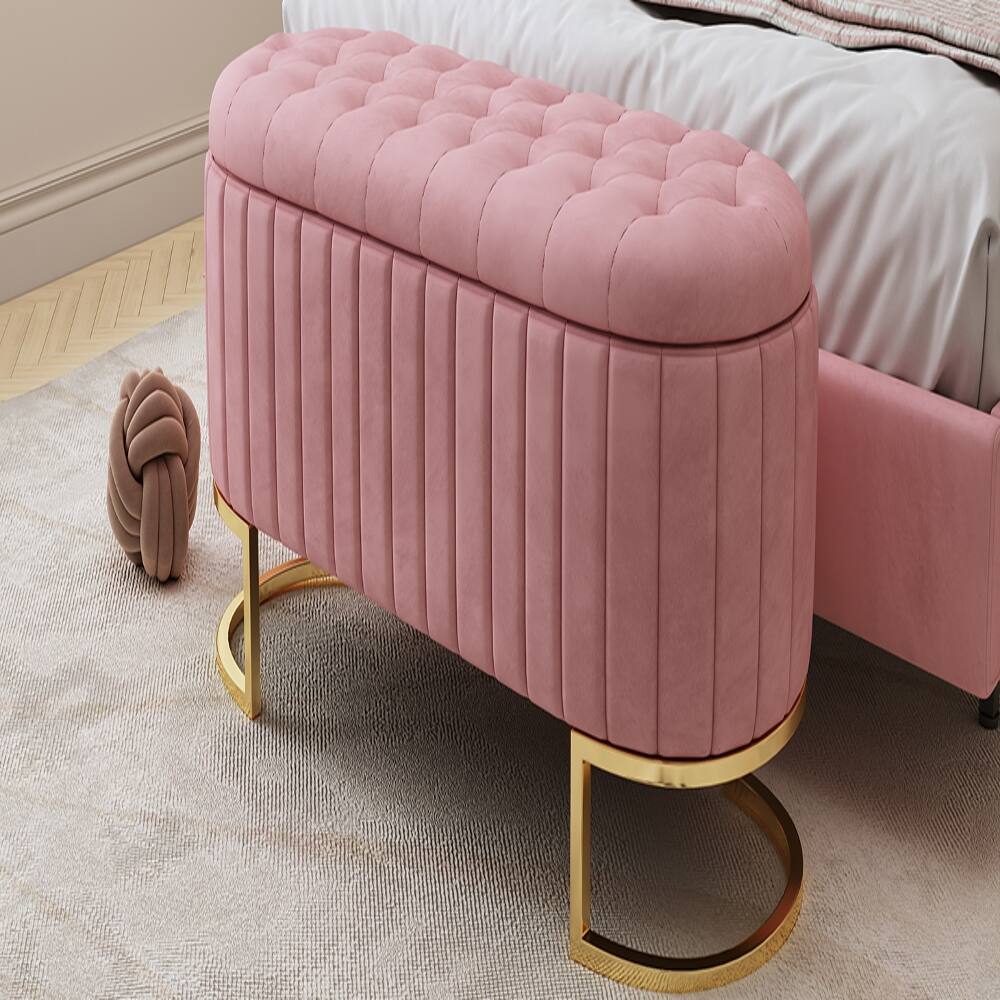 Alt View 9. Ropilly - Ropilly Pink Velvet Storage Ottoman Bench, Button Tufted End of Bed Bench with Metal Legs for Bedroom and Living Room - Pink.