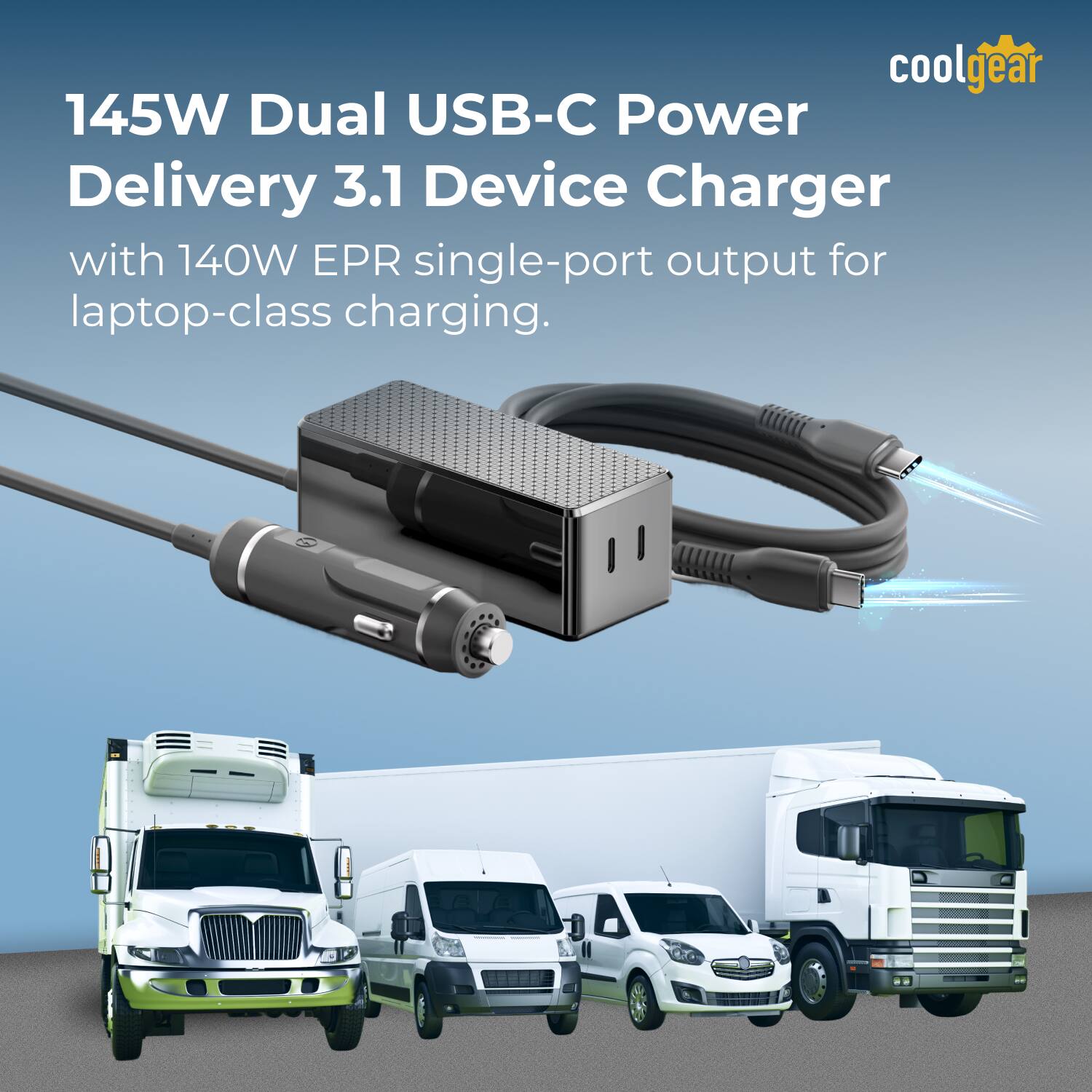 coolgear 145W Dual USB-C Power Delivery 3.1 Device Charger with 140W EPR single-port output for laptop-class charging.