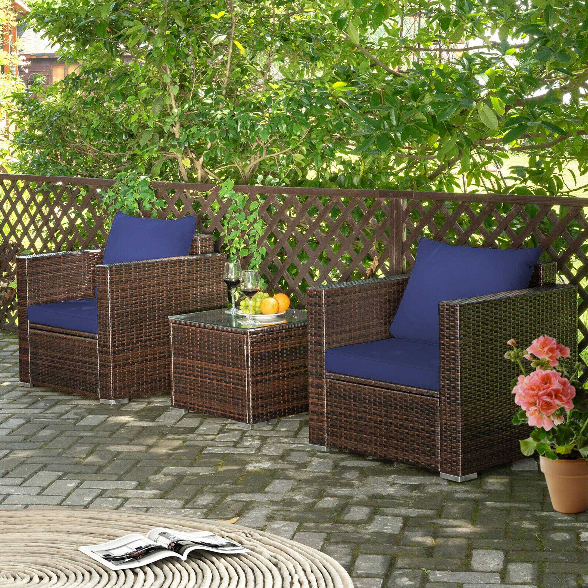 Alt View 3. Gymax - Gymax 3PCS Rattan Patio Outdoor Conversation Furniture Set w/ Navy Cushions - Navy.