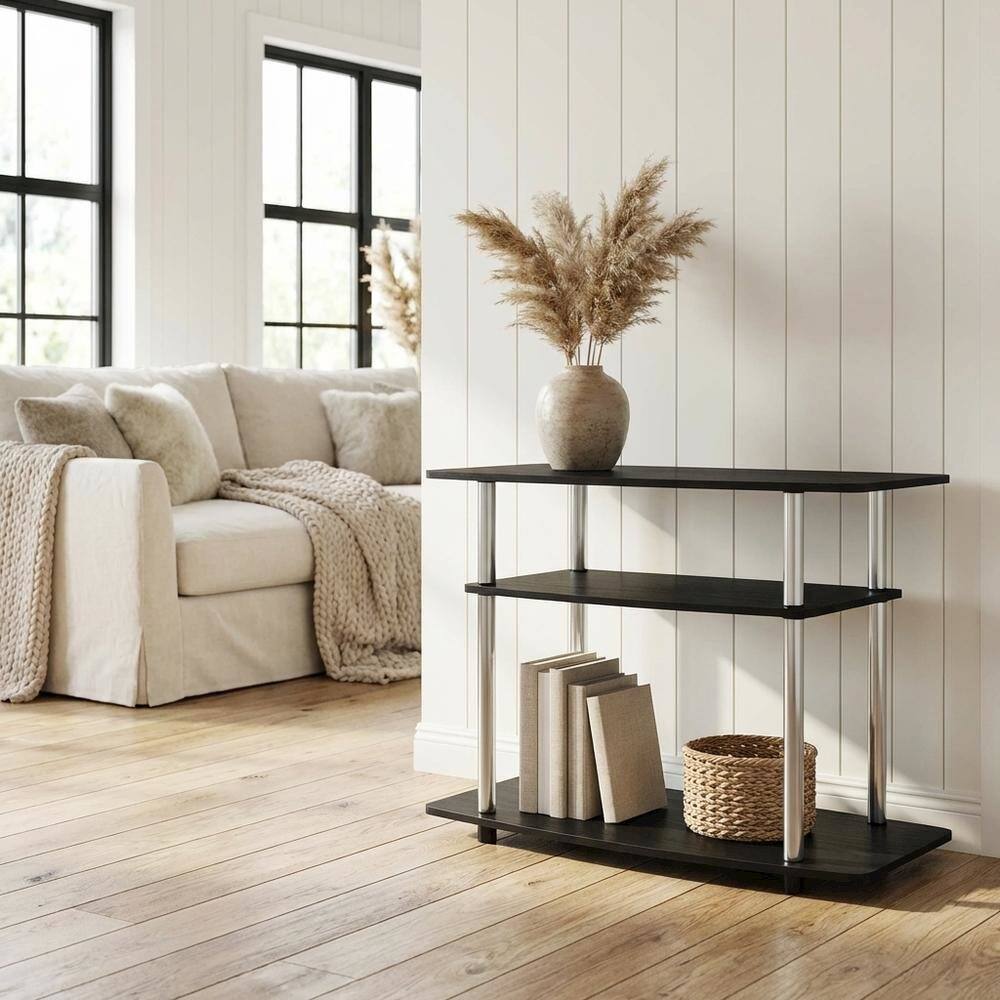 Alt View 2. FurniFact - Wood TV stand in Americano, Chrome finish, three-tier shelving, media storage - Black.