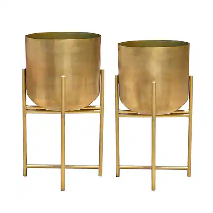 Front. Manhattan Lane - Aira Set of 2 Planters | 19, 22" Tall | Foldable Metal Stand | Antique Brass Finish.
