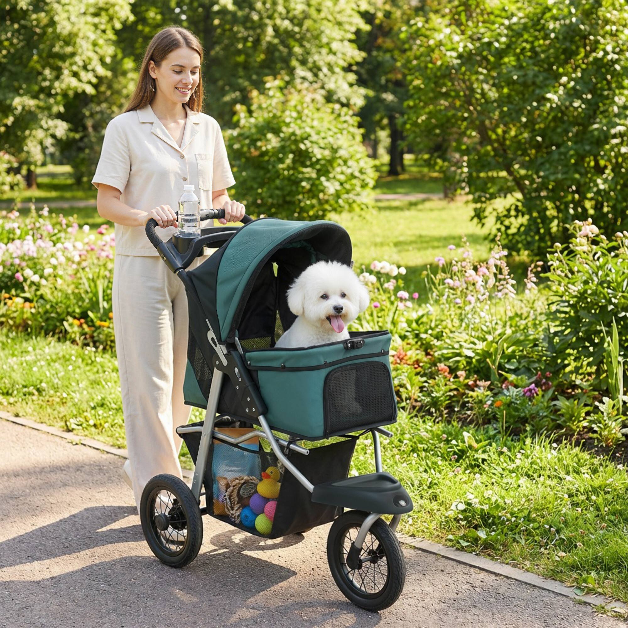 Alt View 1. Pawhut - Stroller, Foldable Dog Stroller with 12" Rubber Wheels for Small Dogs, Up to 22 LBS - Dark Green.