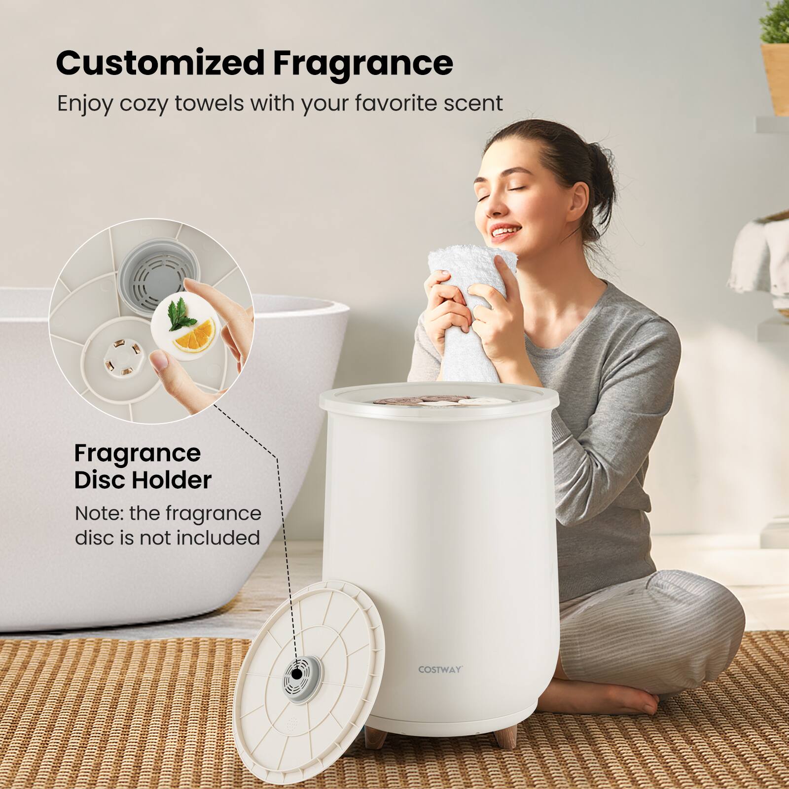 Customized Fragrance Enjoy cozy towels with your favorite scent Fragrance Disc Holder Note: the fragrance disc is not included Costway