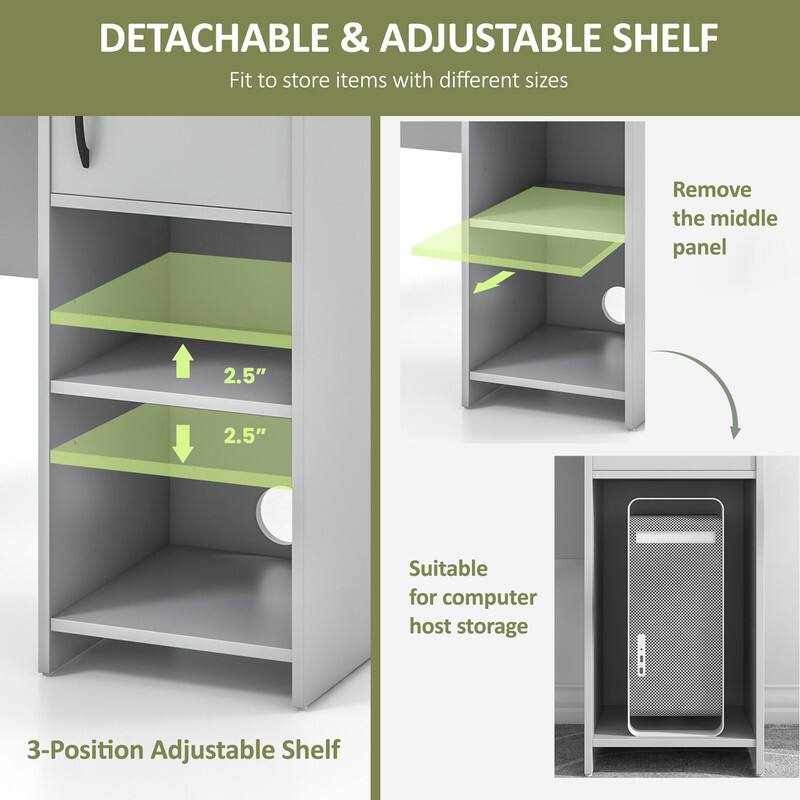 DETACHABLE & ADJUSTABLE SHELF  
Fit to store items with different sizes  
Remove the middle panel  
2.5"  
2.5"  
Suitable for computer host storage  
3-Position Adjustable Shelf