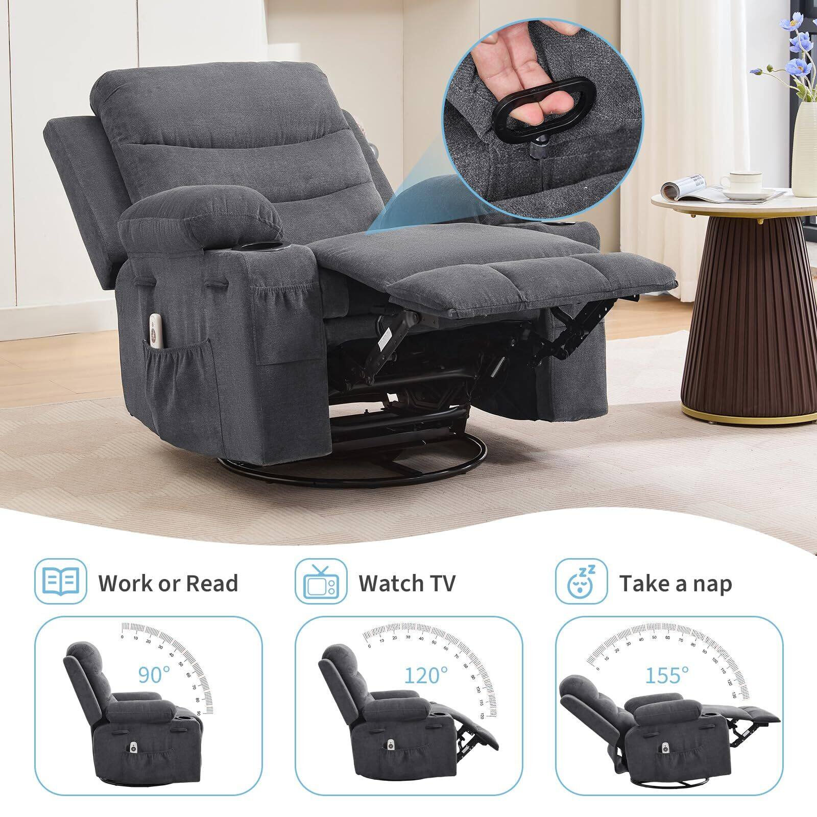 Work or Read  
Watch TV  
Take a nap  

90°  
120°  
155°