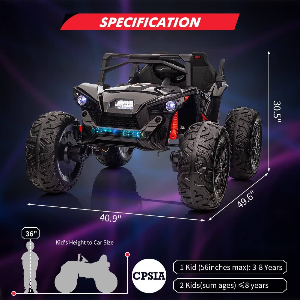 SPECIFICATION

- Height: 30.5"
- Width: 40.9"
- Length: 49.6"
- Kid's Height to Car Size: 36"

CPSIA

- 1 Kid (56 inches max): 3-8 Years
- 2 Kids (sum ages) ≤ 8 years