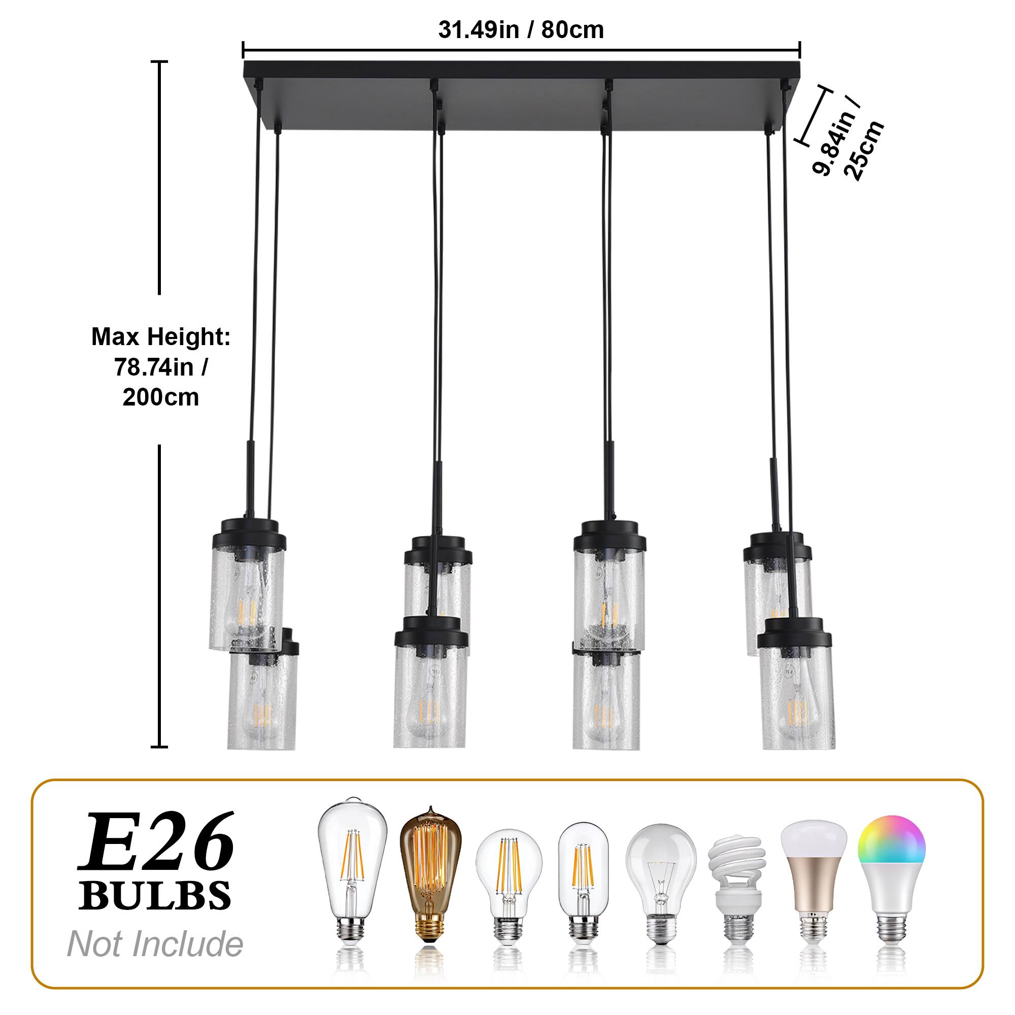 31.49in / 80cm  
Max Height: 78.74in / 200cm  
9.84in / 25cm  
E26 BULBS Not Include