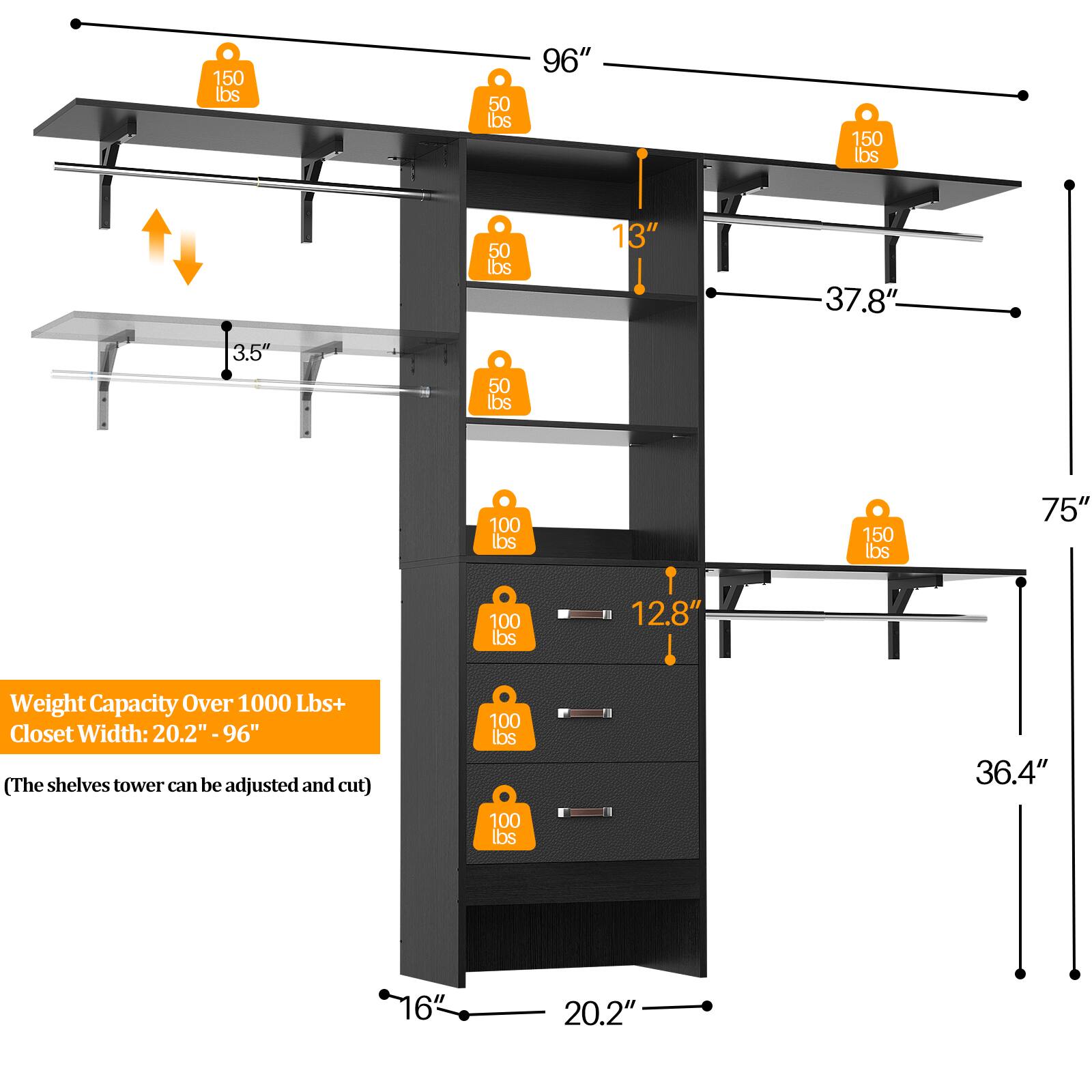150 lbs  
50 lbs  
96"  
150 lbs  
50 lbs  
13"  
37.8"  
3.5"  
50 lbs  
100 lbs  
100 lbs  
1  
12.8"  
150 lbs  
75"  
Weight Capacity Over 1000 Lbs+  
Closet Width: 20.2" - 96"  
(The shelves tower can be adjusted and cut)  
100 lbs  
100 lbs  
36.4"  
16"  
20.2"