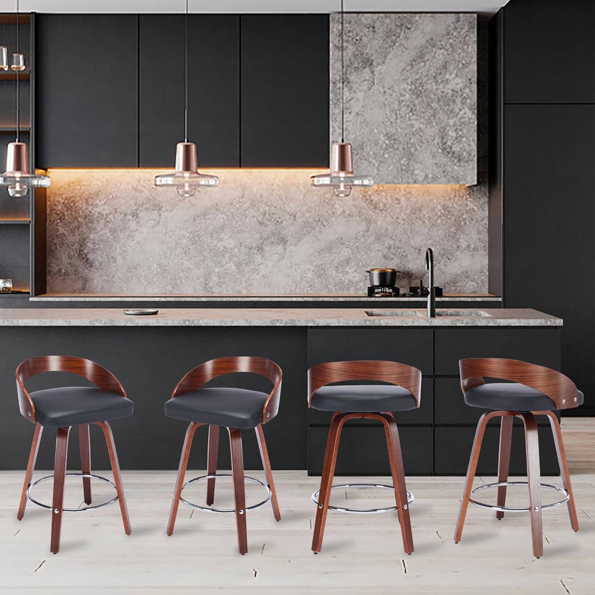 Alt View 5. HTUTWOO - Bar Stools Set of 2, 360° Swivel Barstools, Mid Century Counter Height Chairs with PU Upholstered for Kitchen Island - Black.
