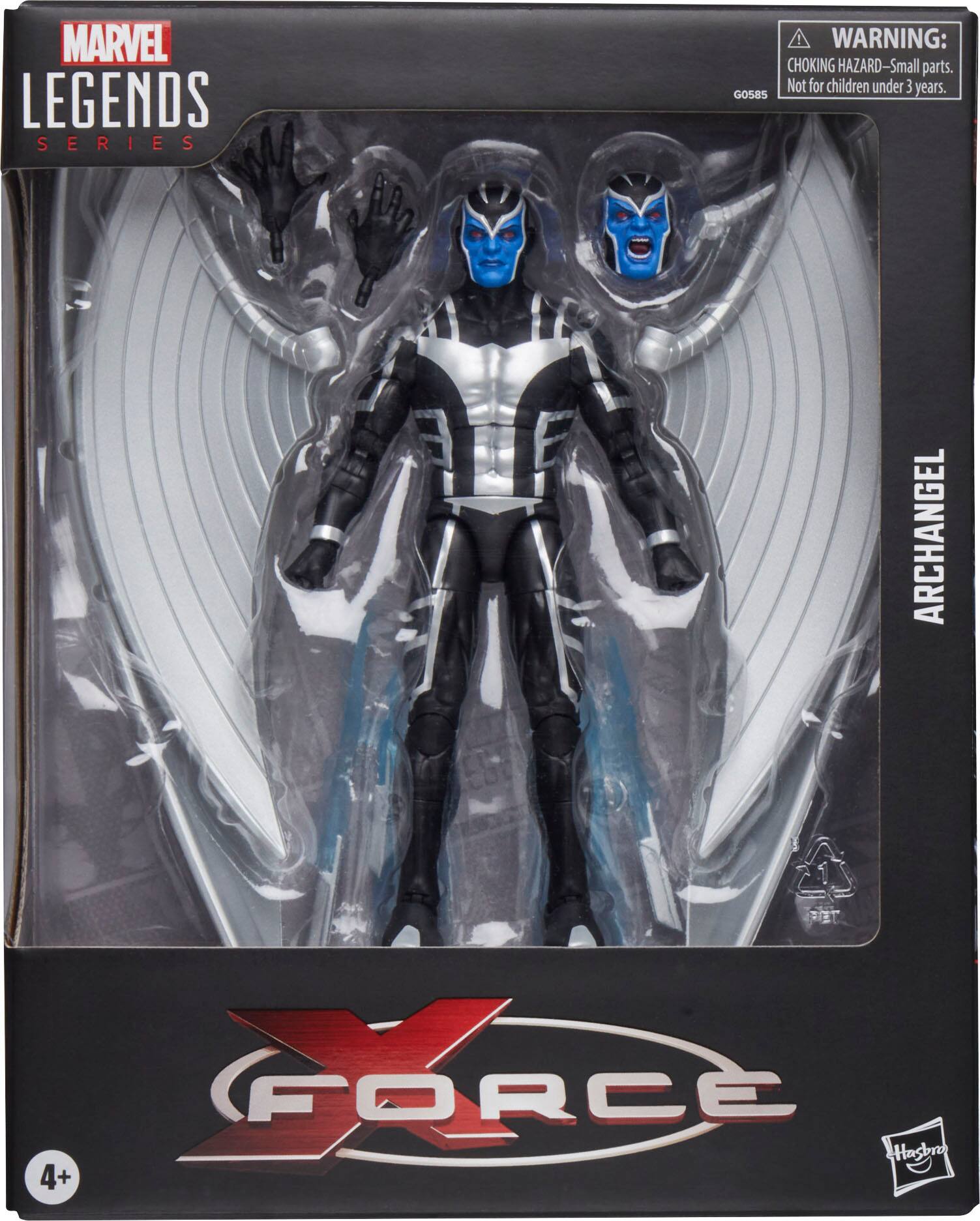 The text on the image reads: "MARVEL LEGENDS SERIES WARNING: CHOKING HAZARD-Small parts. Not for children under 3 years. GOSBS ARCHANGEL RET GL FORCE Hasbro 4+".