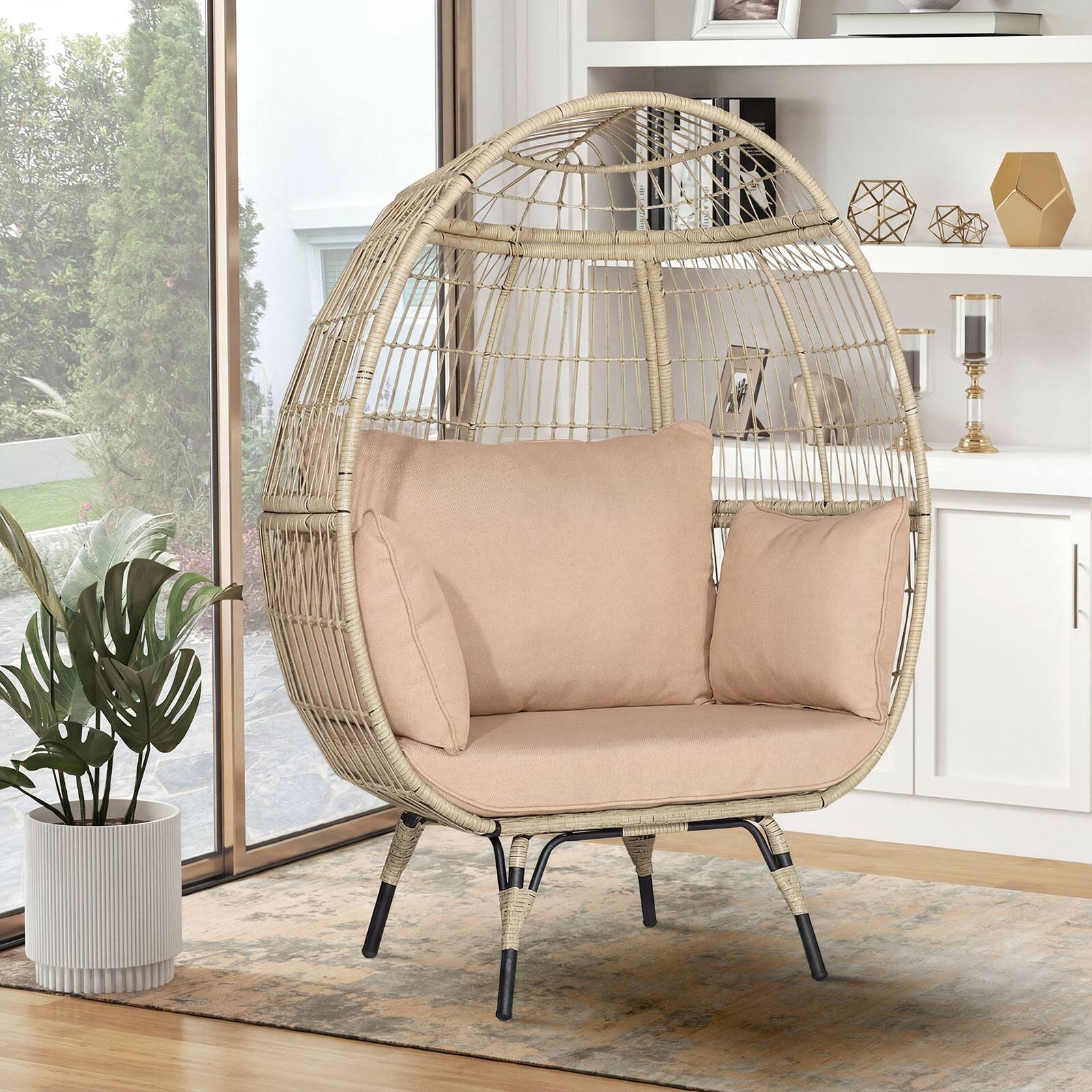 Alt View 3. Gymax - Gymax Patio Rattan Oversized Wicker Egg Chair Stationary Lounge Basket w/ 4 Soft Cushions - Beige.