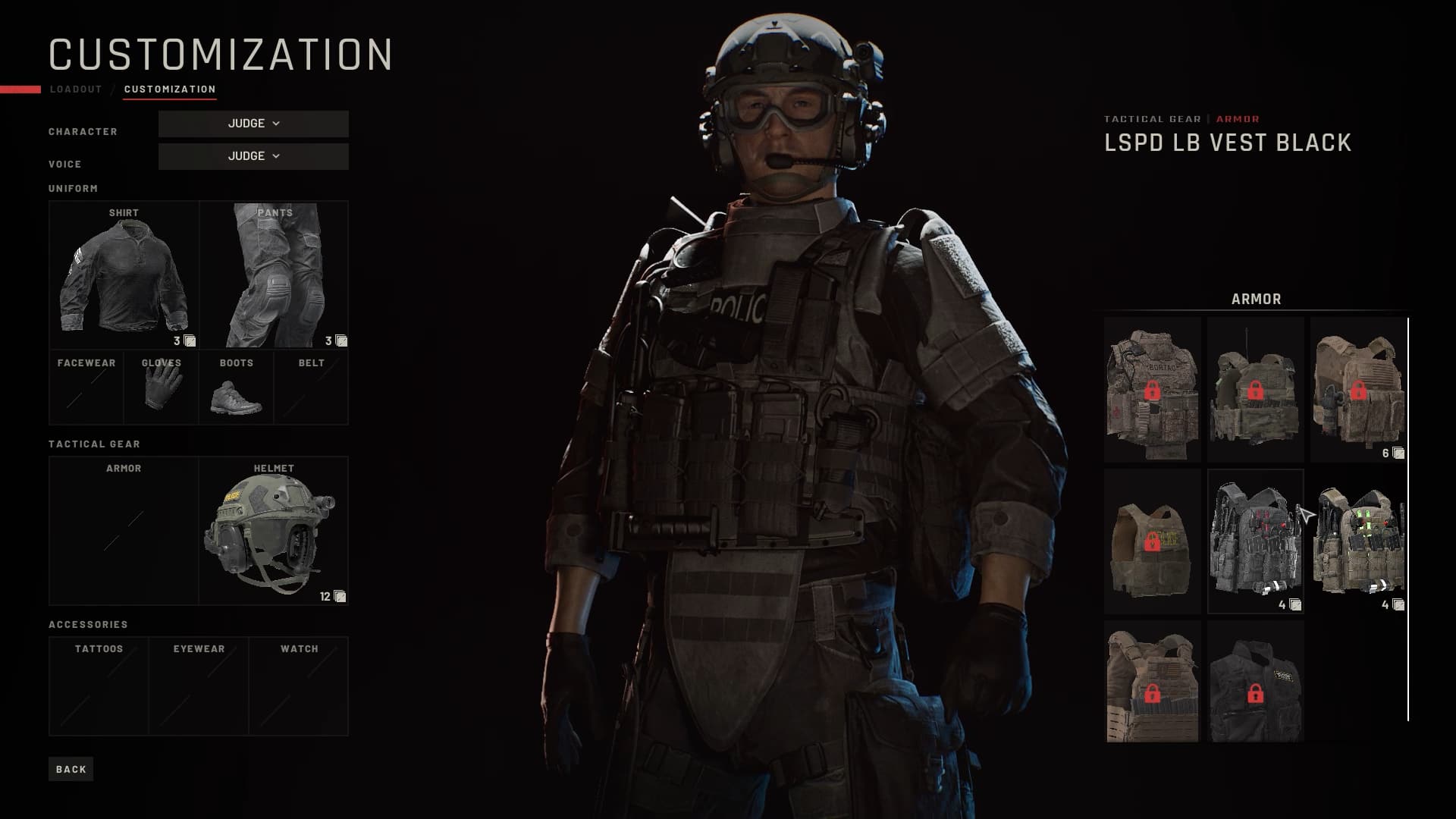 Customization Loadout Character Voice Judge Tactical Gear Armor LSPD LB Vest Black Uniform Shirt Pants 3 3 Polyc Armor Facewear Gloves Boots Belt Burisc A A a Tactical Gear Armor Helmet 6 1n F 12 4 4 Accessories Tattoos Eyewear Watch